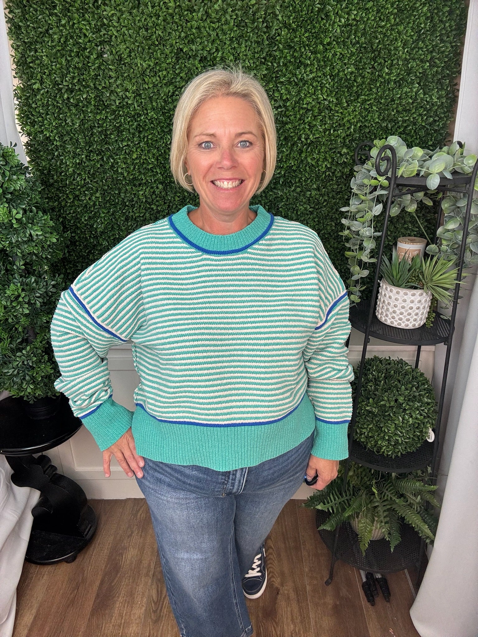 STRIPED CONTRAST TRIM CREW NECK SWEATER - SEA FOAM