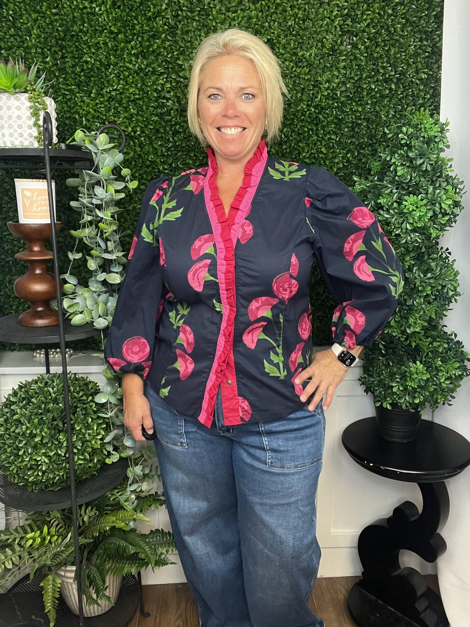 FLORAL PRINT RUFFLED NECK TOP WITH CONTRAST DETAIL