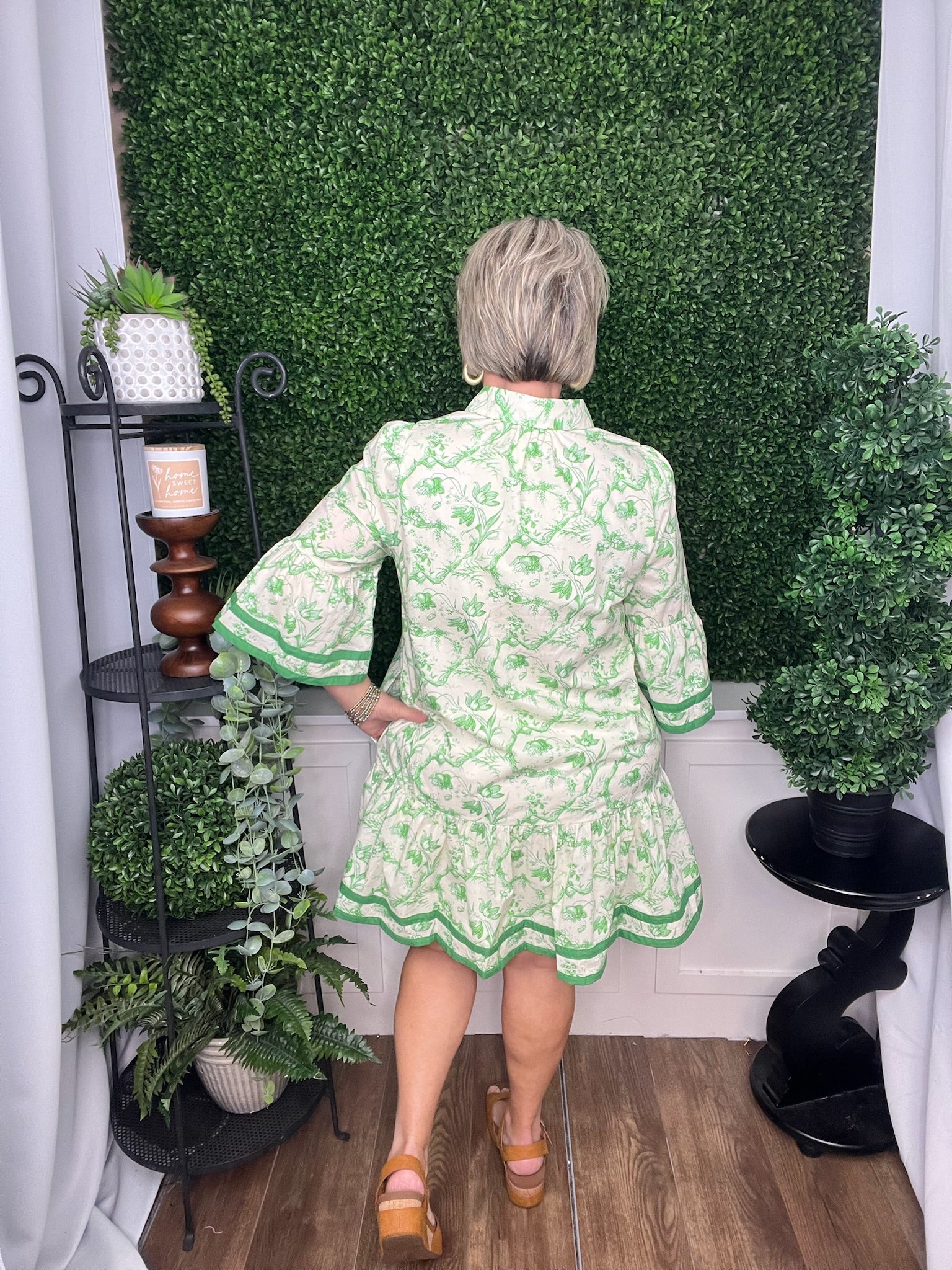 Floral dress with green trim
