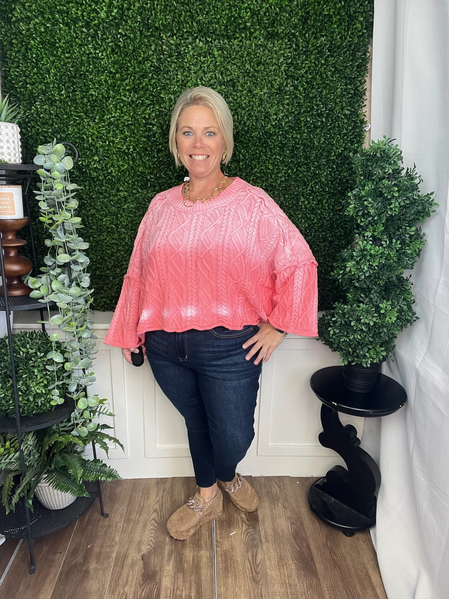 PINK SLOUCHY OVERSIZED CABLE KNIT SWEATER