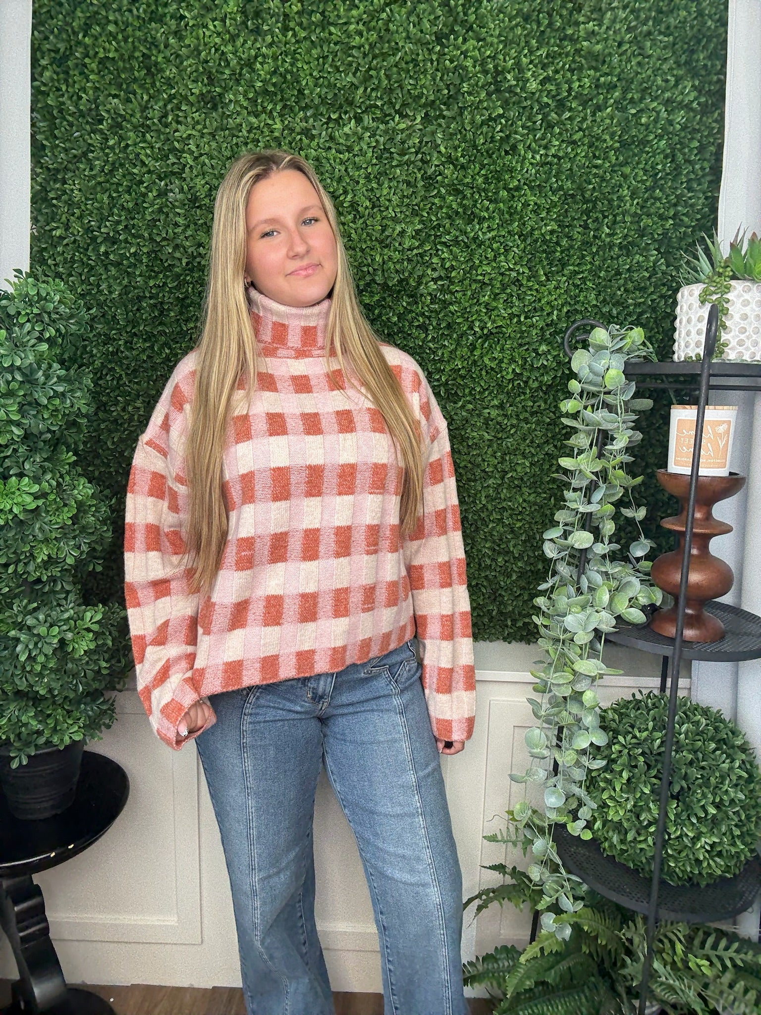 CHECKERED TURTLENECK SWEATER - RUST MULTI