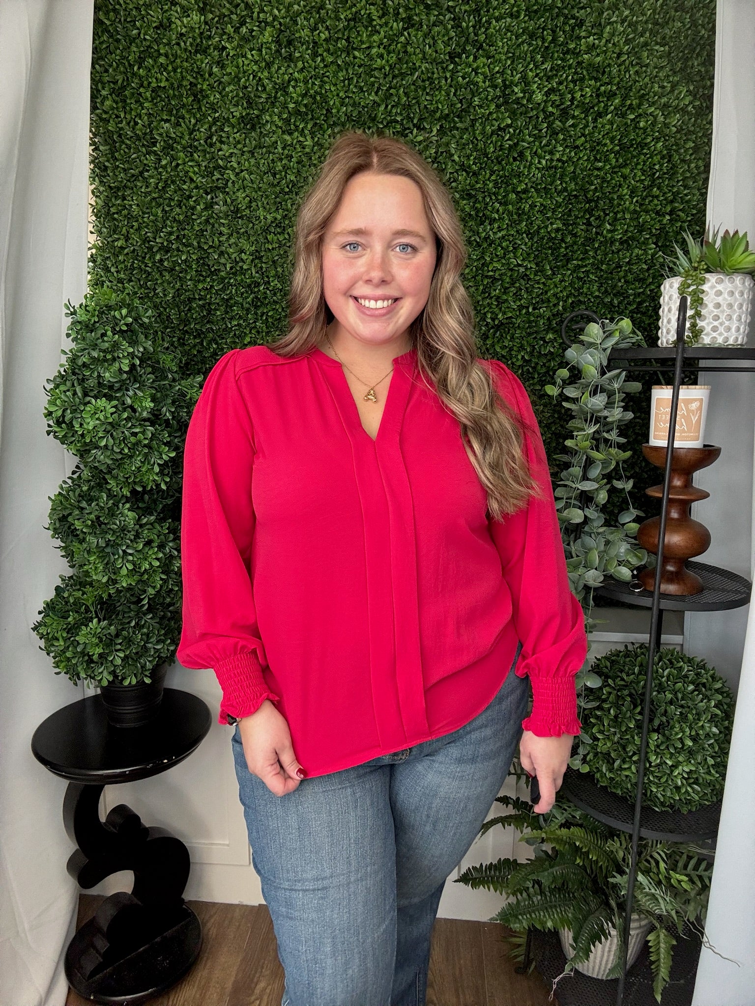 LONG SMOCKED SLEEVE FRONT PLEATS TOP