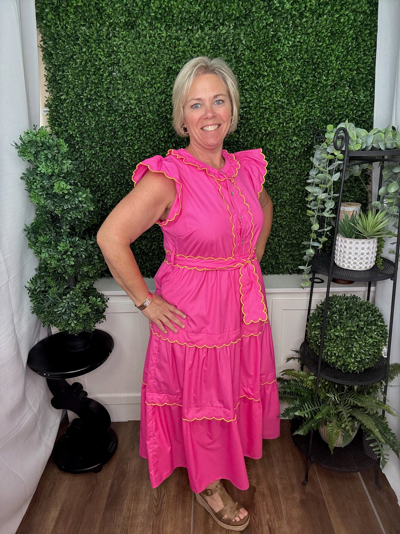 Tiered Midi Dress with Ruffle Sleeves and Tie Waist