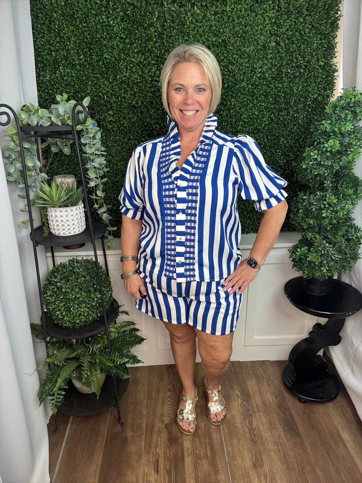 Blue Stripe Ruffle Front Blouse