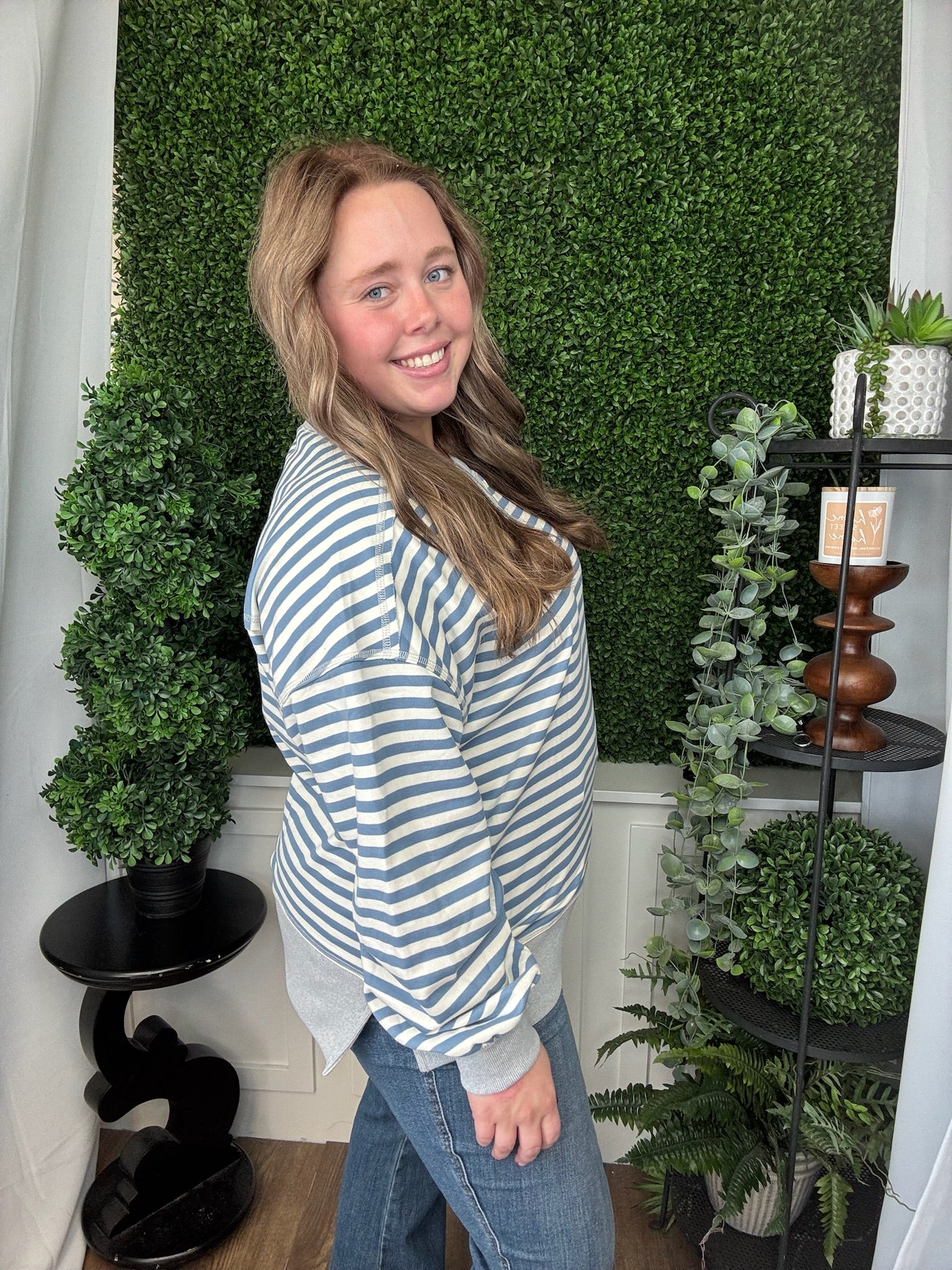 STRIPE COMFY CASUAL OVERSIZED KNIT TOP - DENIM/CREAM