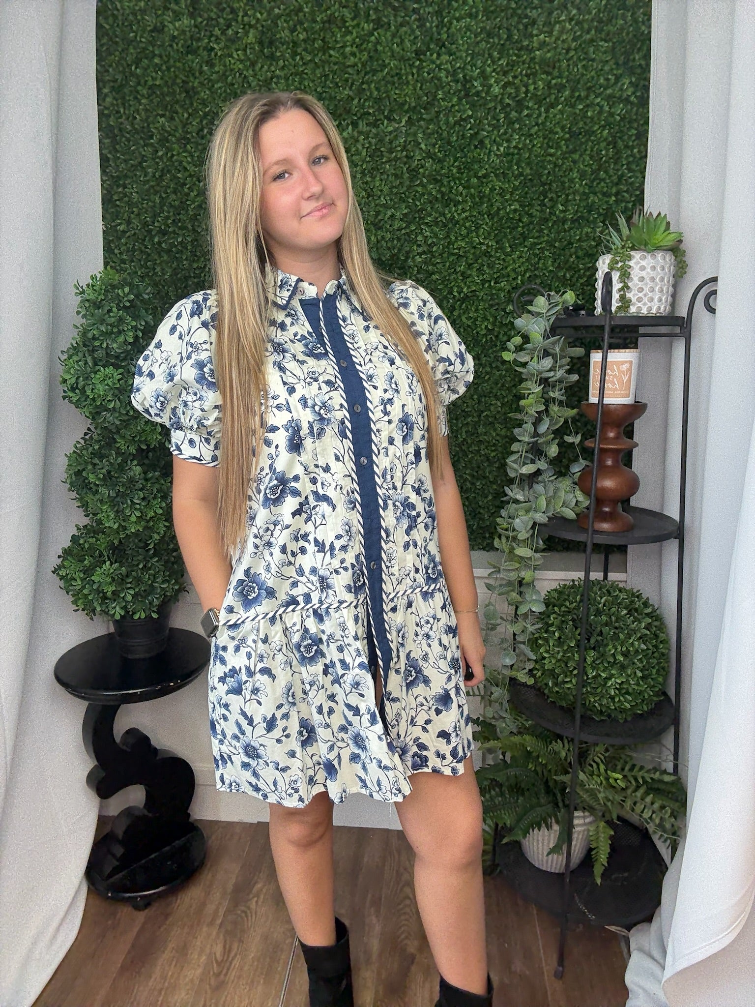 FLORAL PRINT SHORT PUFF SLEEVE RUFFLE HEM MINI DRESS