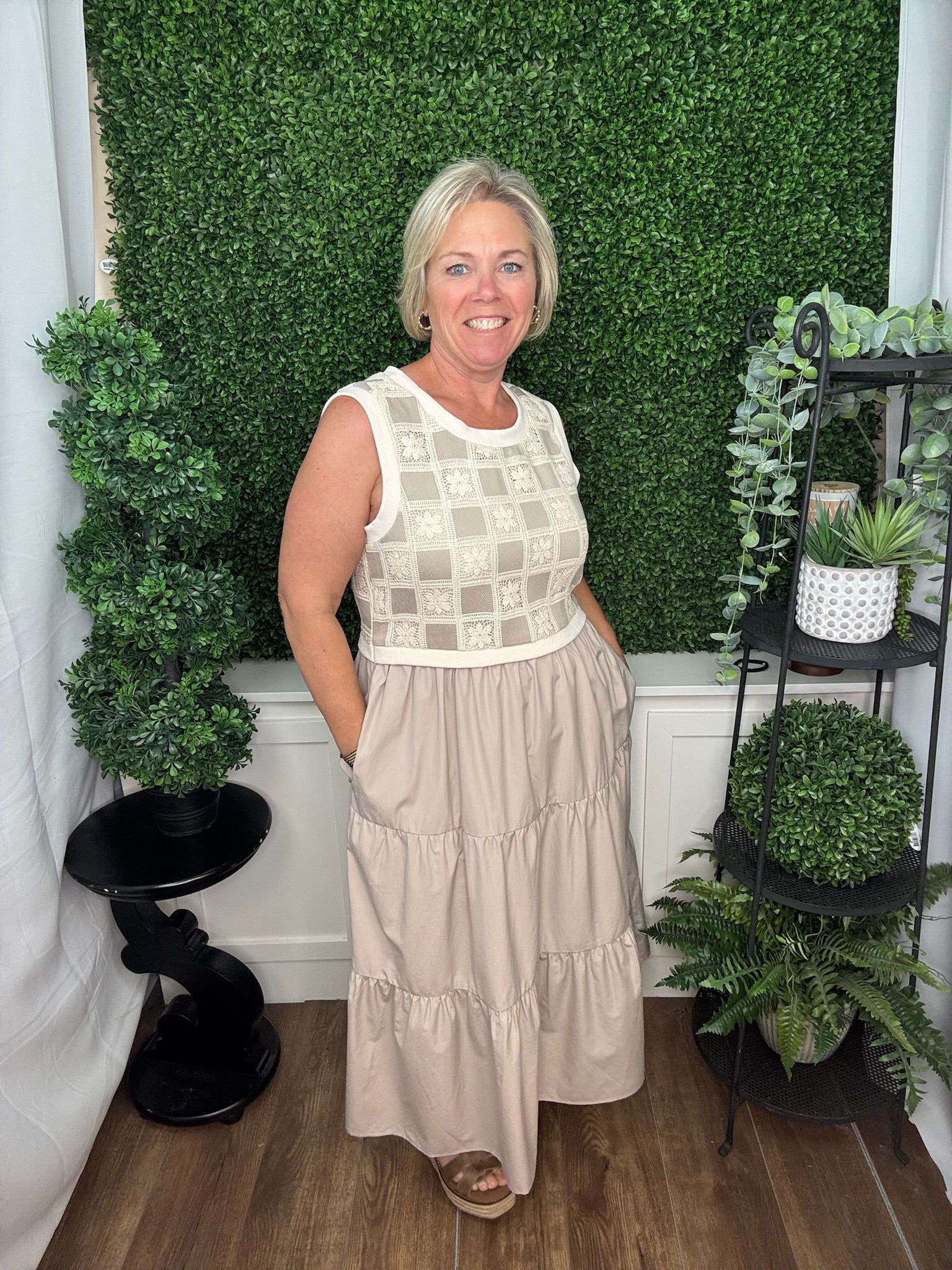 Mixed Fabric Midi Tiered Midi Dress - Taupe