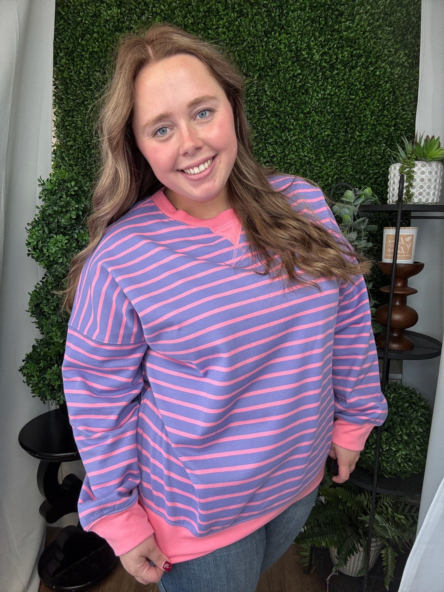 STRIPE TERRY RELAXED FIT SWEATSHIRT - PURPLE/PINK