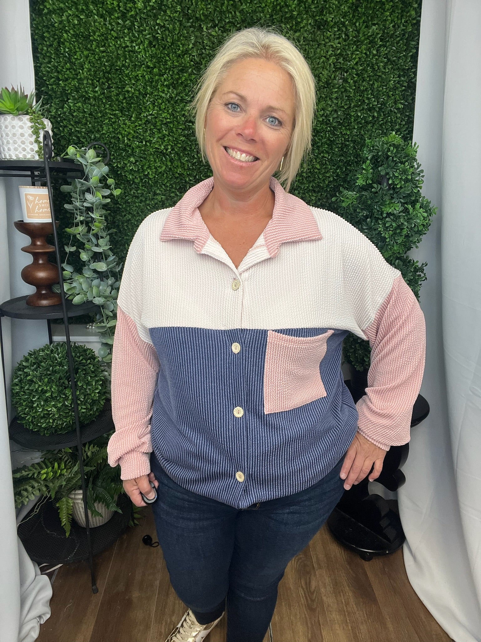 HANSEN COLOR BLOCK SHACKET - OATMEAL/PEACH/NAVY