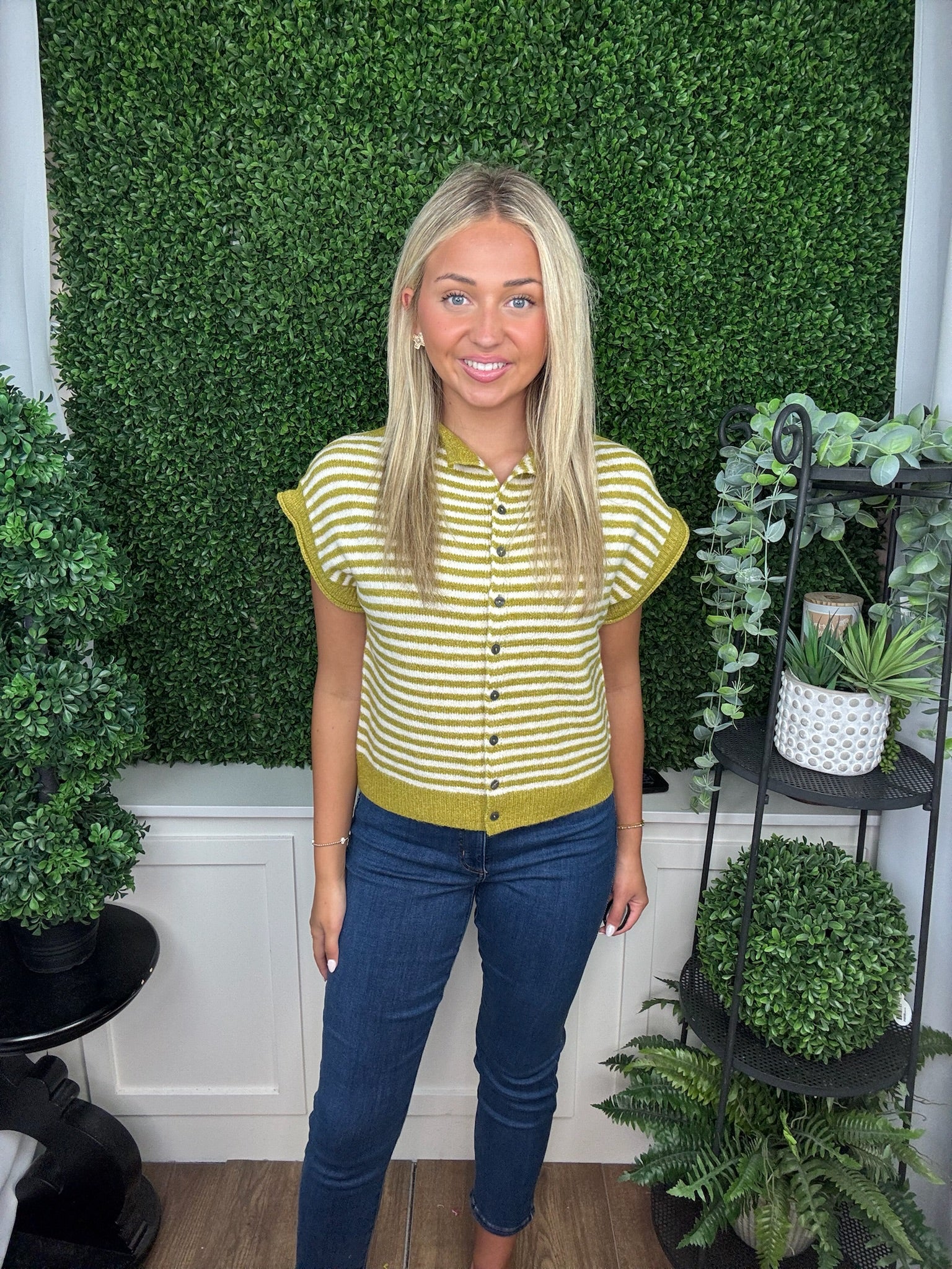 STRIPED BUTTON FRONT KNIT TOP - HUNTER GREEN/MARTINI OLIVE