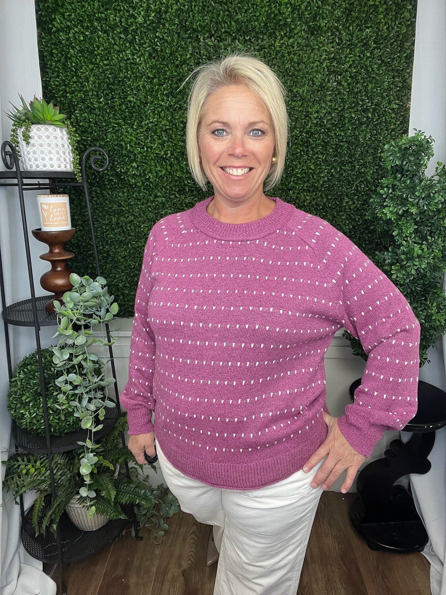 DOTTED STRIPED PULLOVER SWEATER - MAGENTA