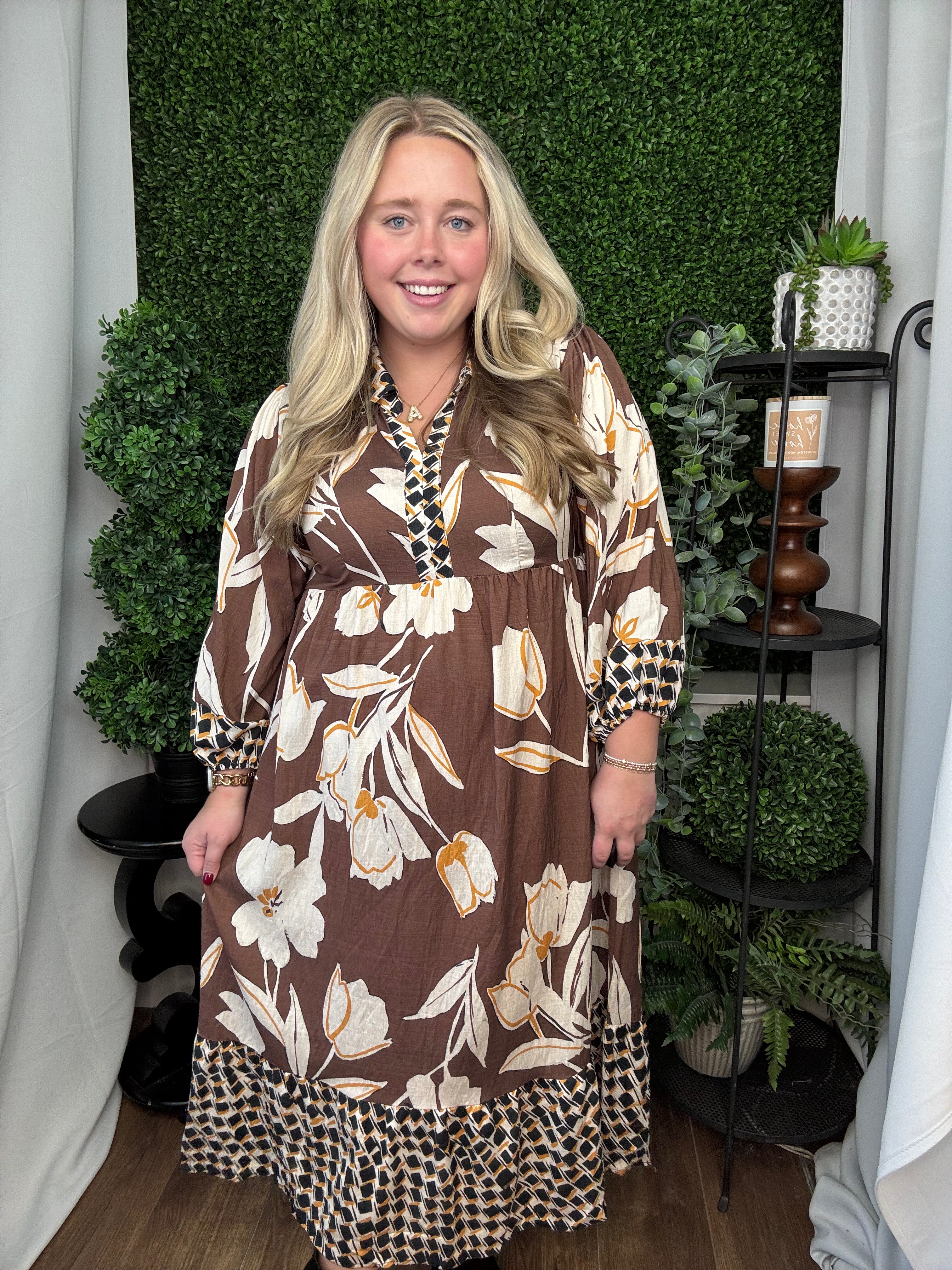 FLOWER BORDER PRINT COLLARED MIDI DRESS - BROWN MIX