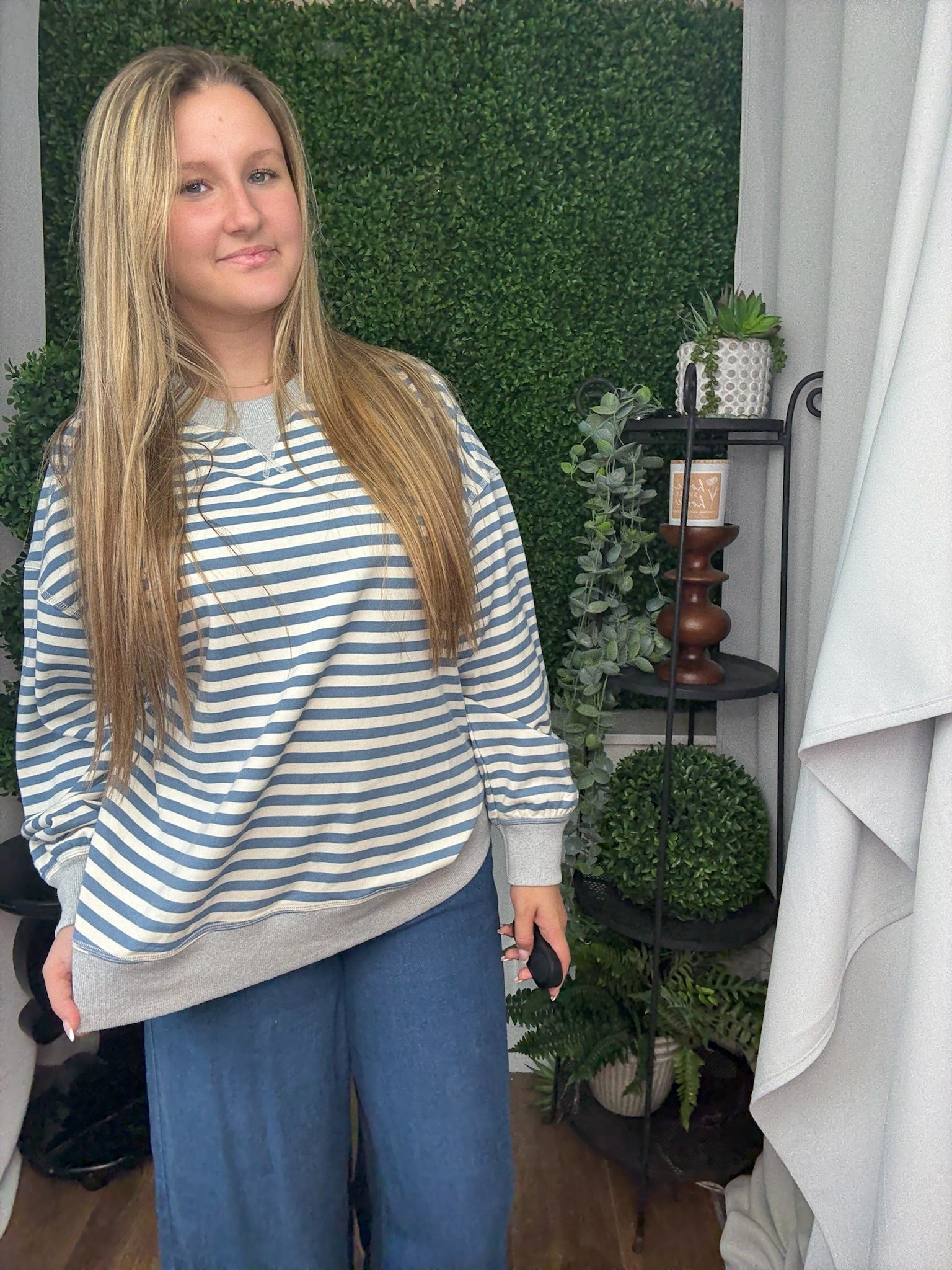 STRIPE COMFY CASUAL OVERSIZED KNIT TOP - DENIM/CREAM