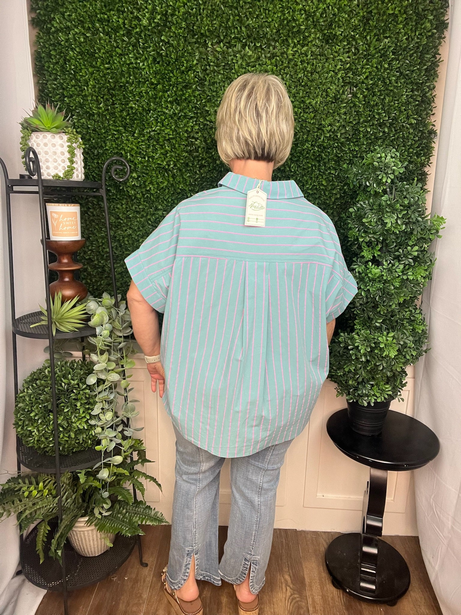 OVERSIZED STRIPED BUTTON DOWN CASUAL SHIRT TOP - MINT