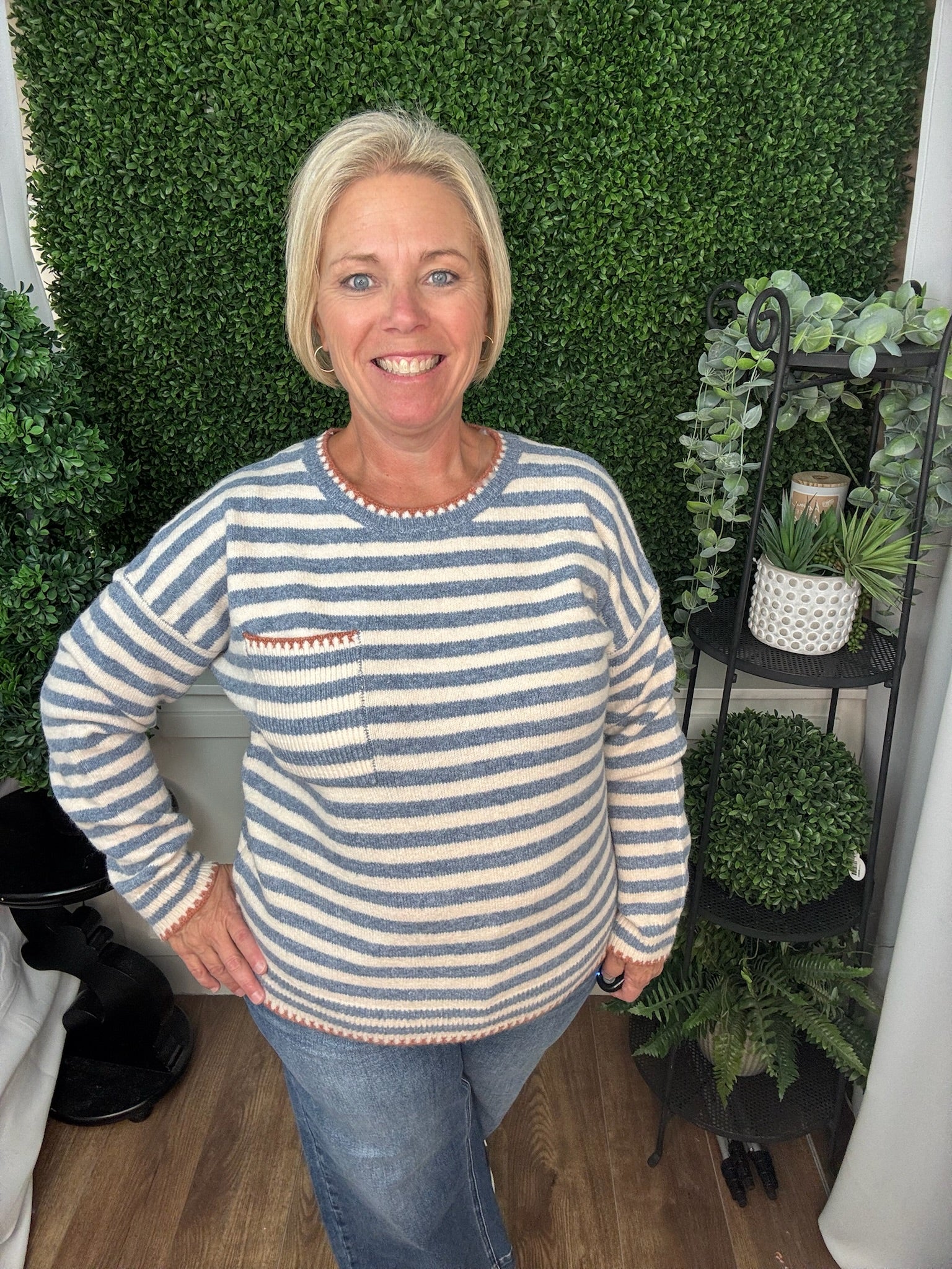 Striped Knit Sweater with Contrast Trim Pocket