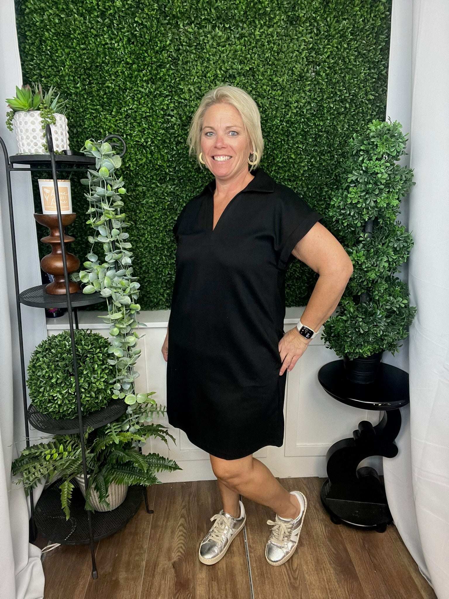 SOLID COLLARED POCKET DRESS - BLACK