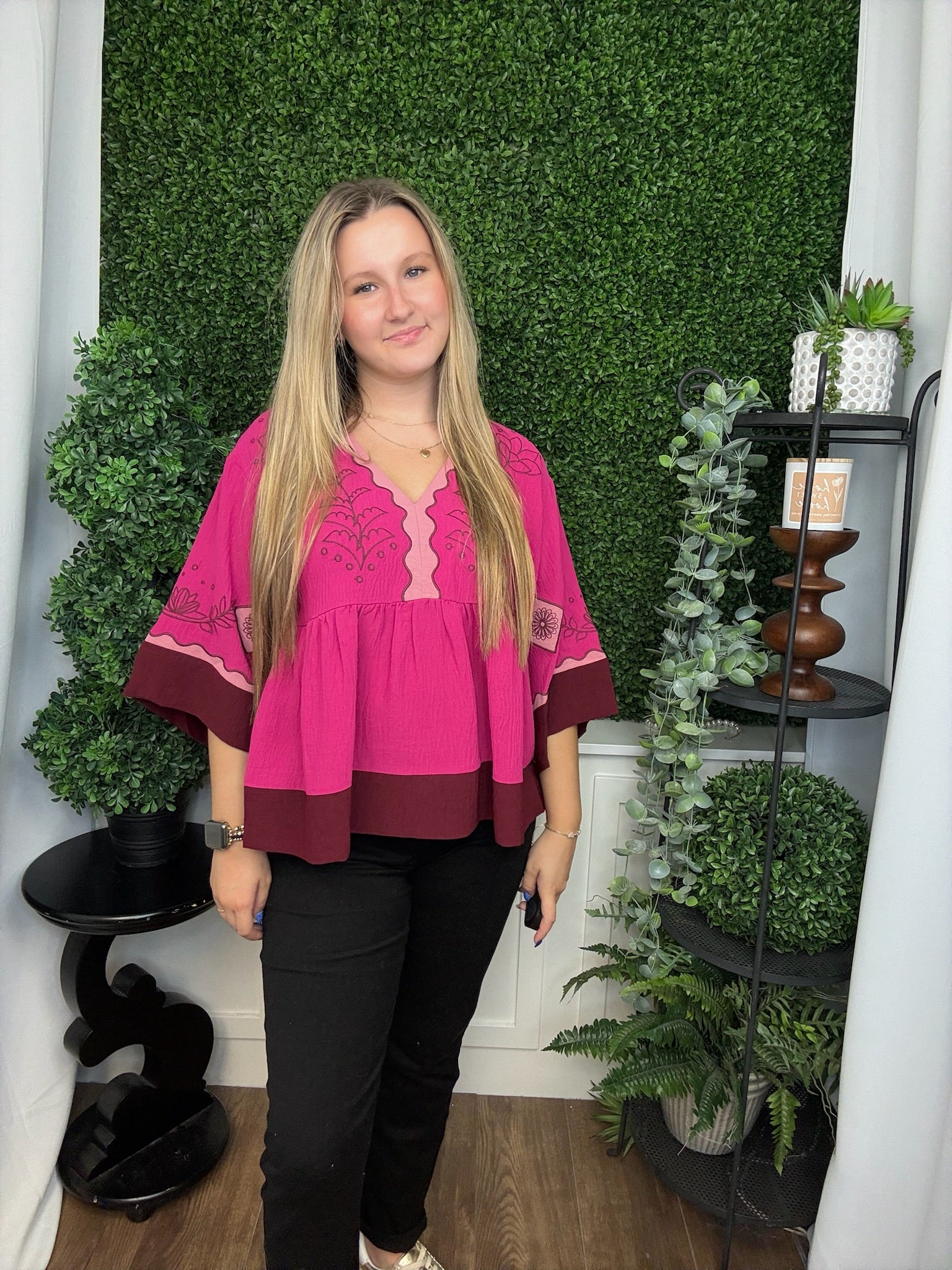 COLORBLOCK AIR FLOW OVERSIZED PEASANT BLOUSE - FUCHSIA COMBO