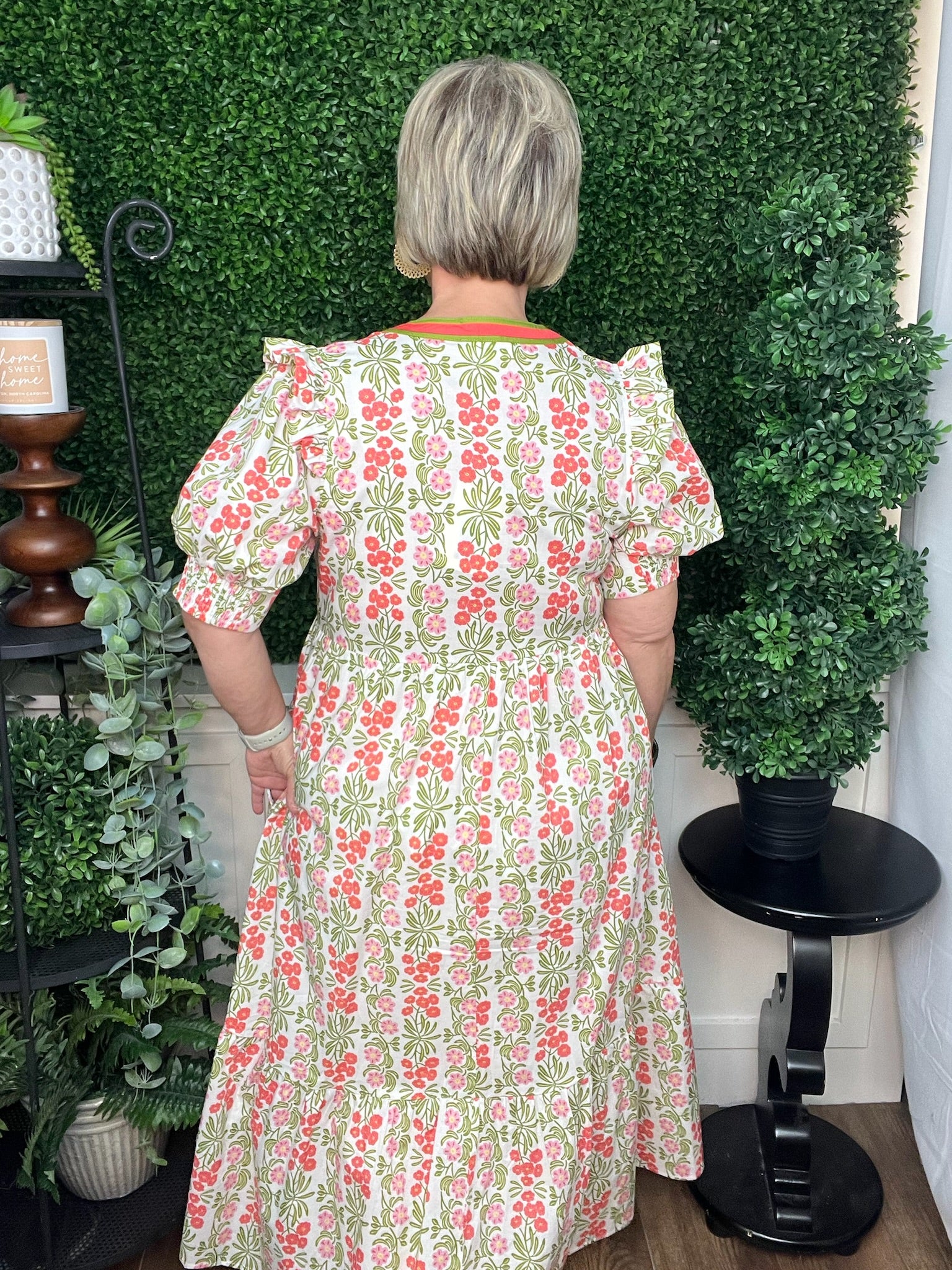 Coral Puff Sleeve maxi floral dress