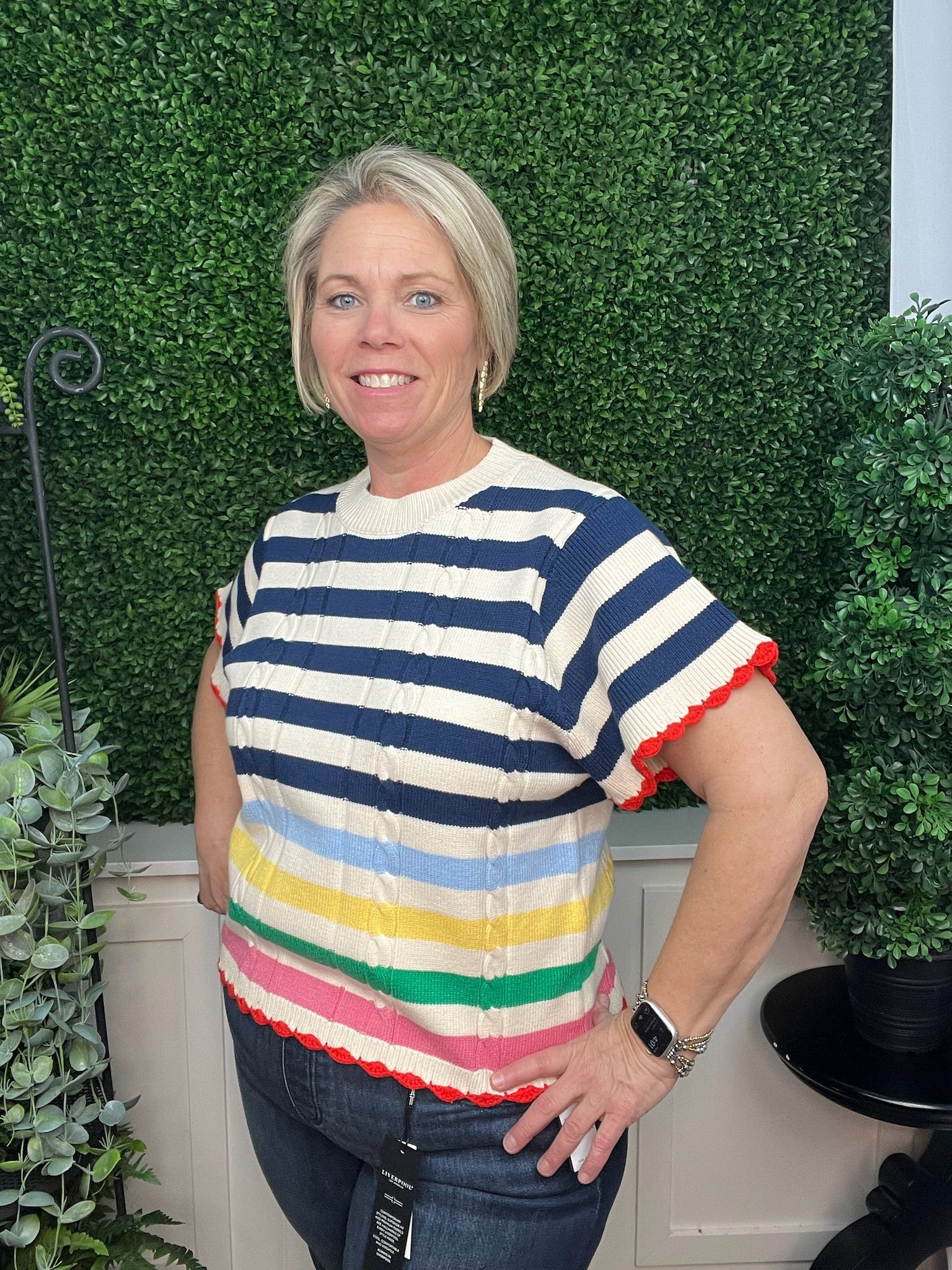 SHORT SLEEVE STRIPED KNIT TOP - CREAM