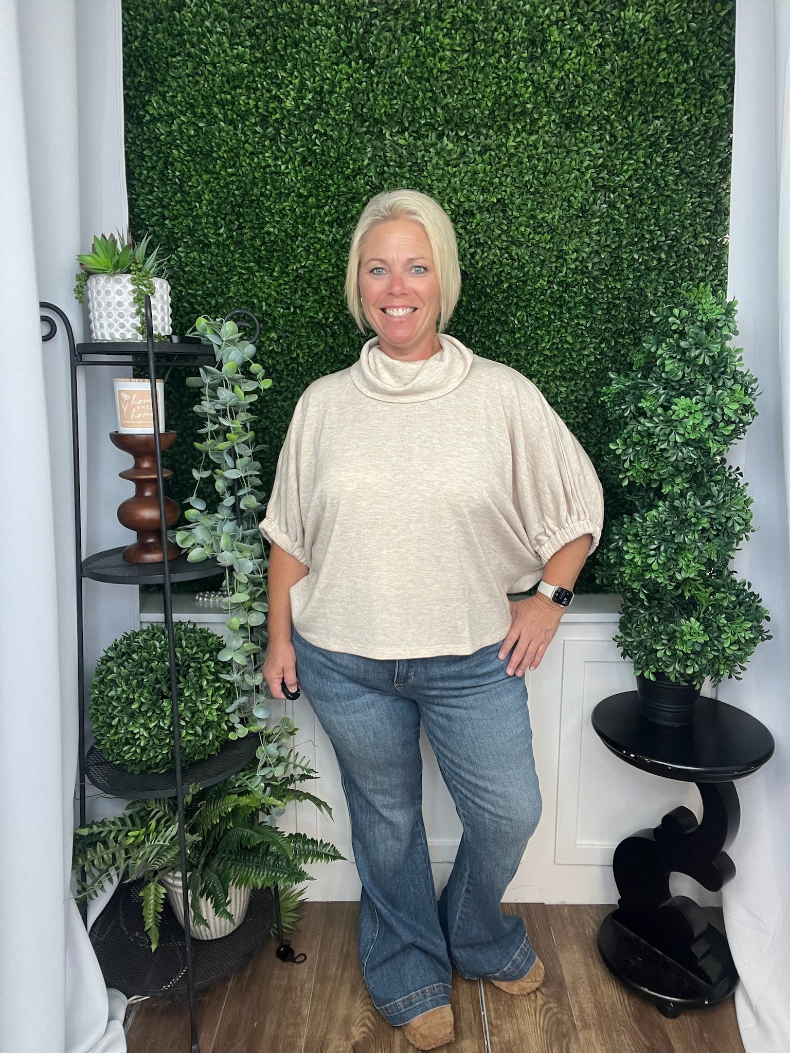 SOLID DOLMAN SLEEVE TOP W/TURTLENECK - OATMEAL