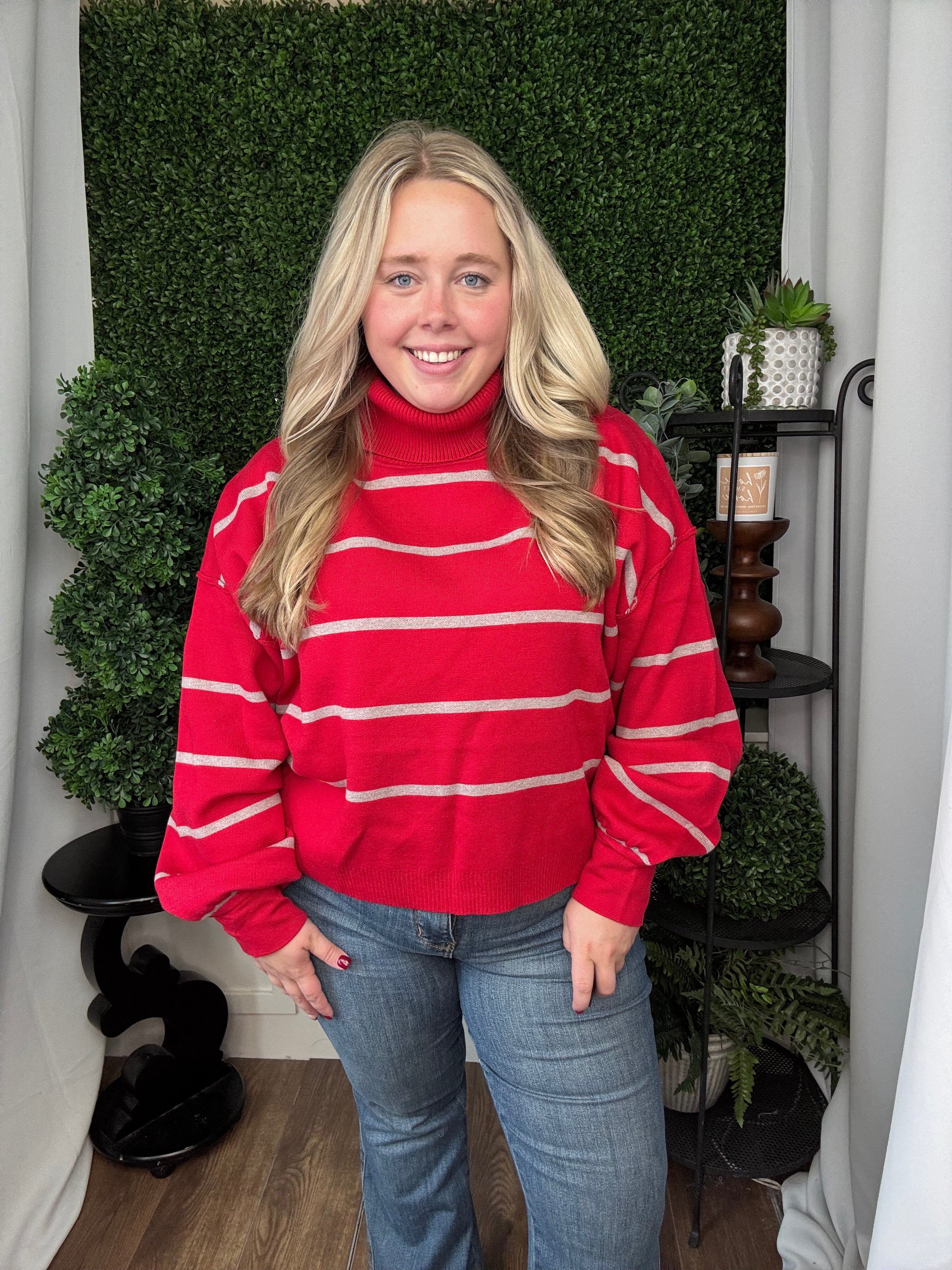 MOCK NECK OVERSIZED STRIPE SWEATER - CRIMSON