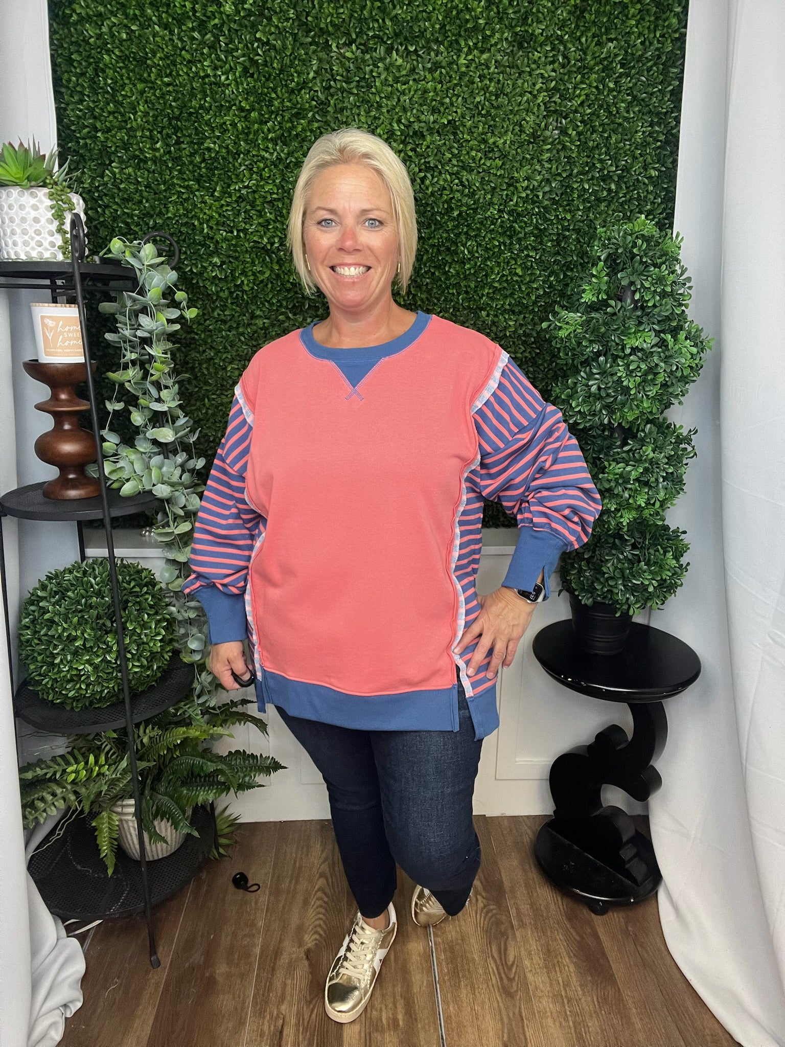 OVERSIZED WAFFLE KNIT CASUAL TOP - CORAL