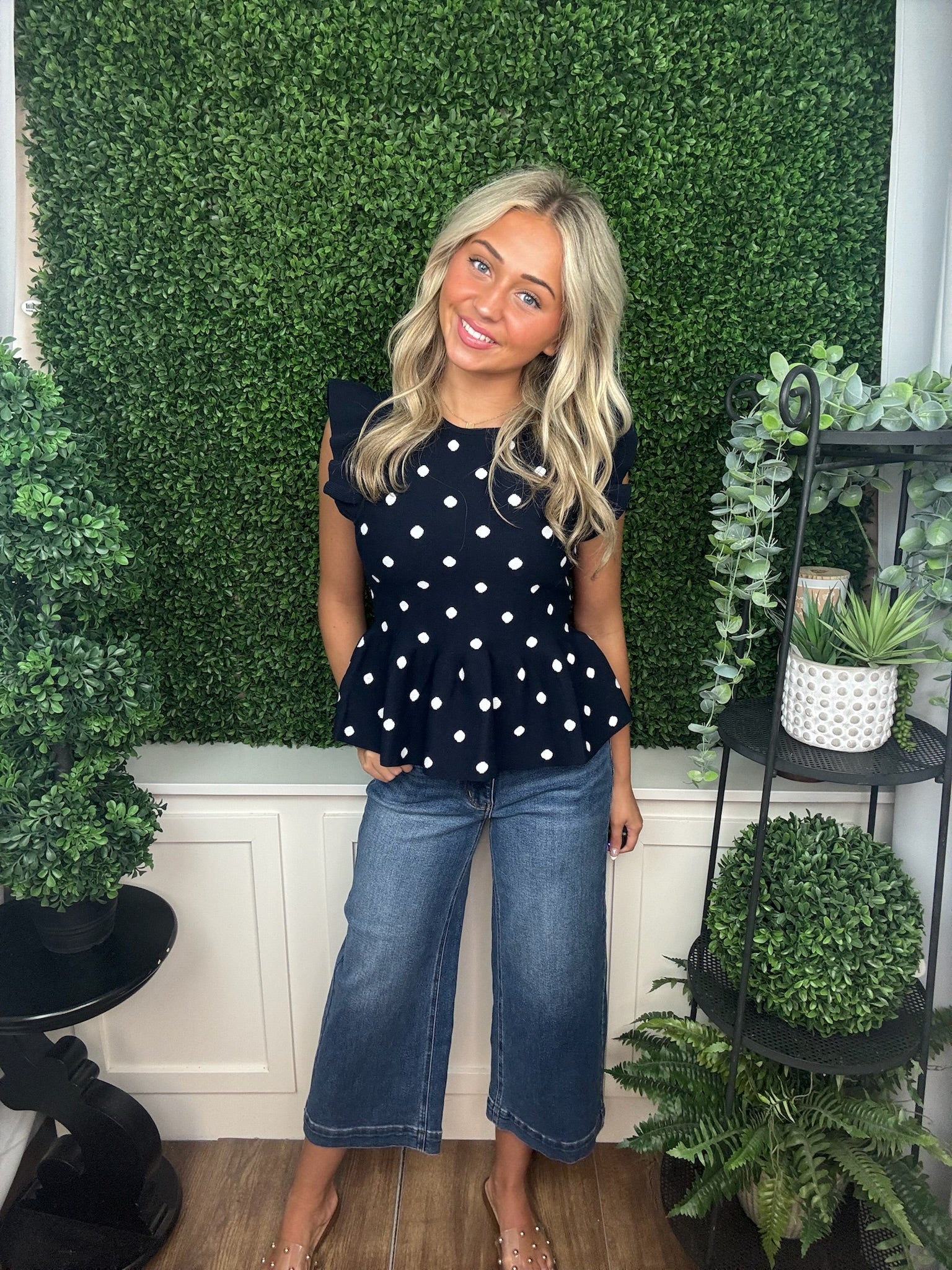 Navy Polka Dot Ruffle Sleeve Peplum Top