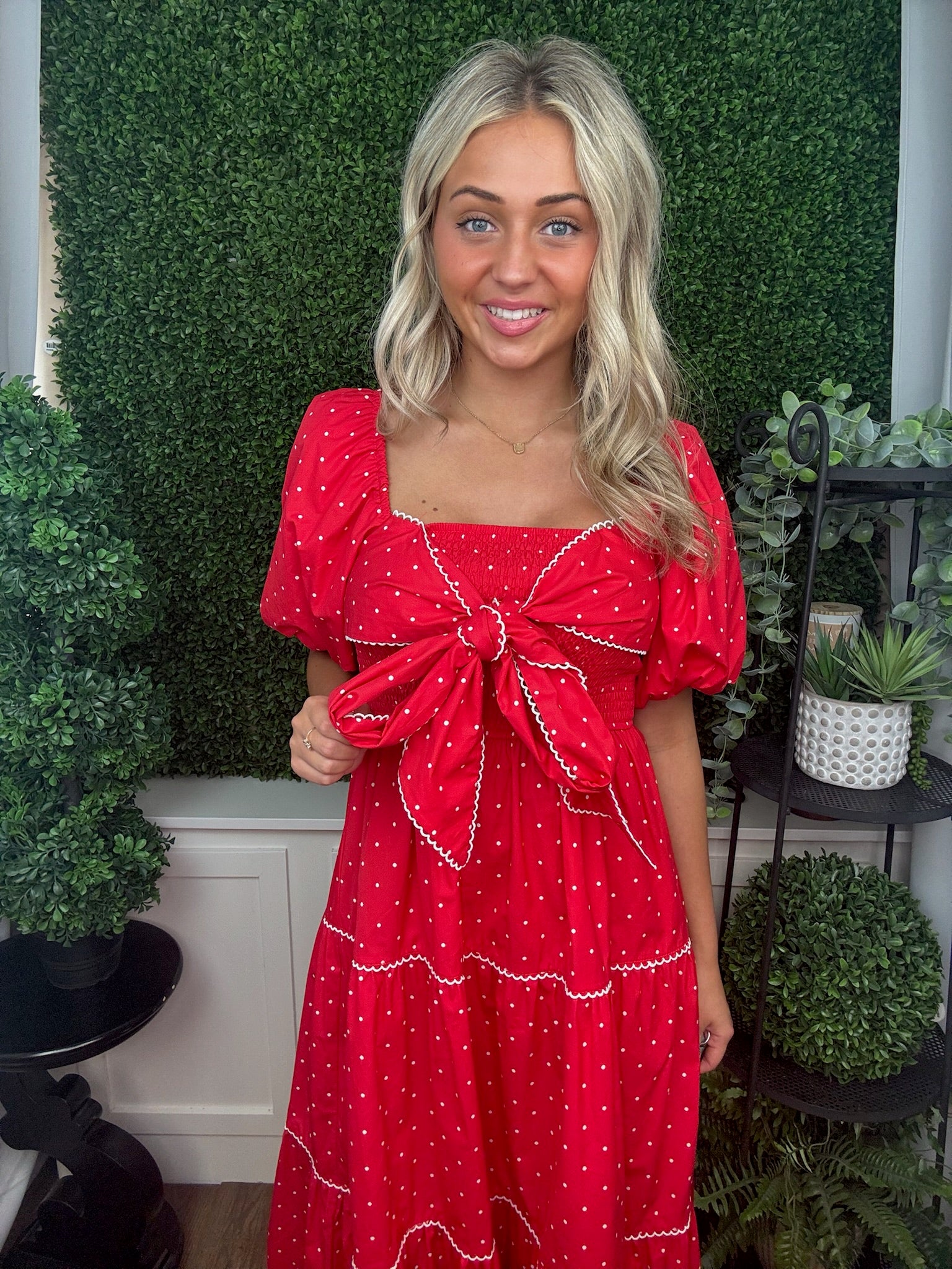 Scarlet Polka Smocked Tie-Front Dress