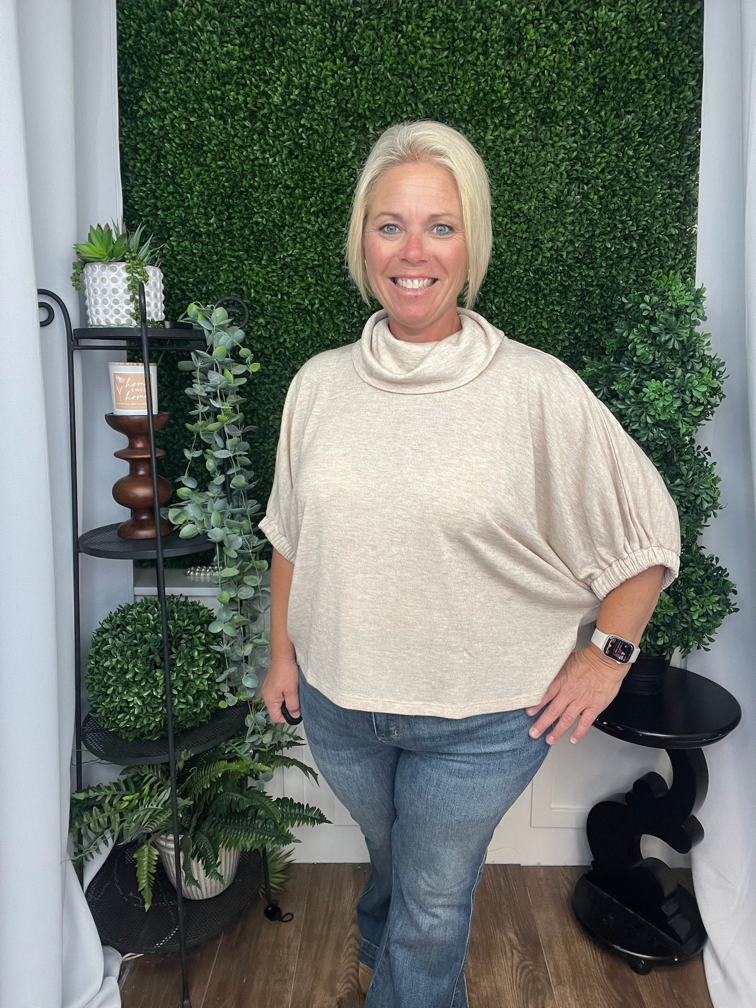 SOLID DOLMAN SLEEVE TOP W/TURTLENECK - OATMEAL