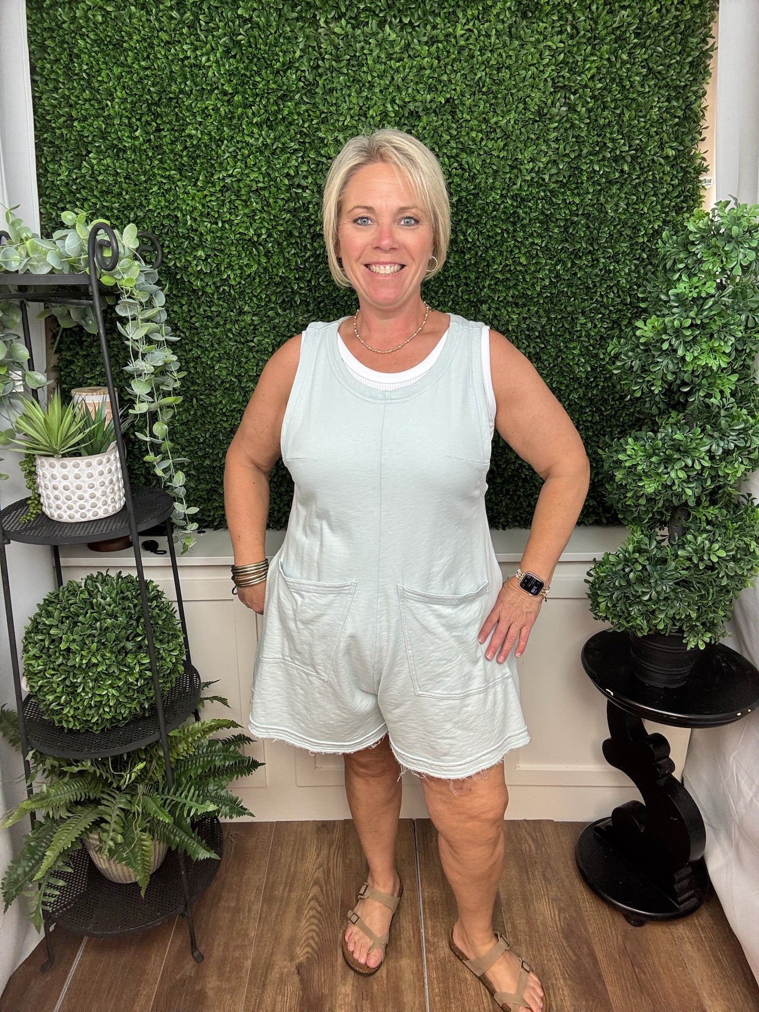 WASHED ROMPER W/POCKETS-MIST