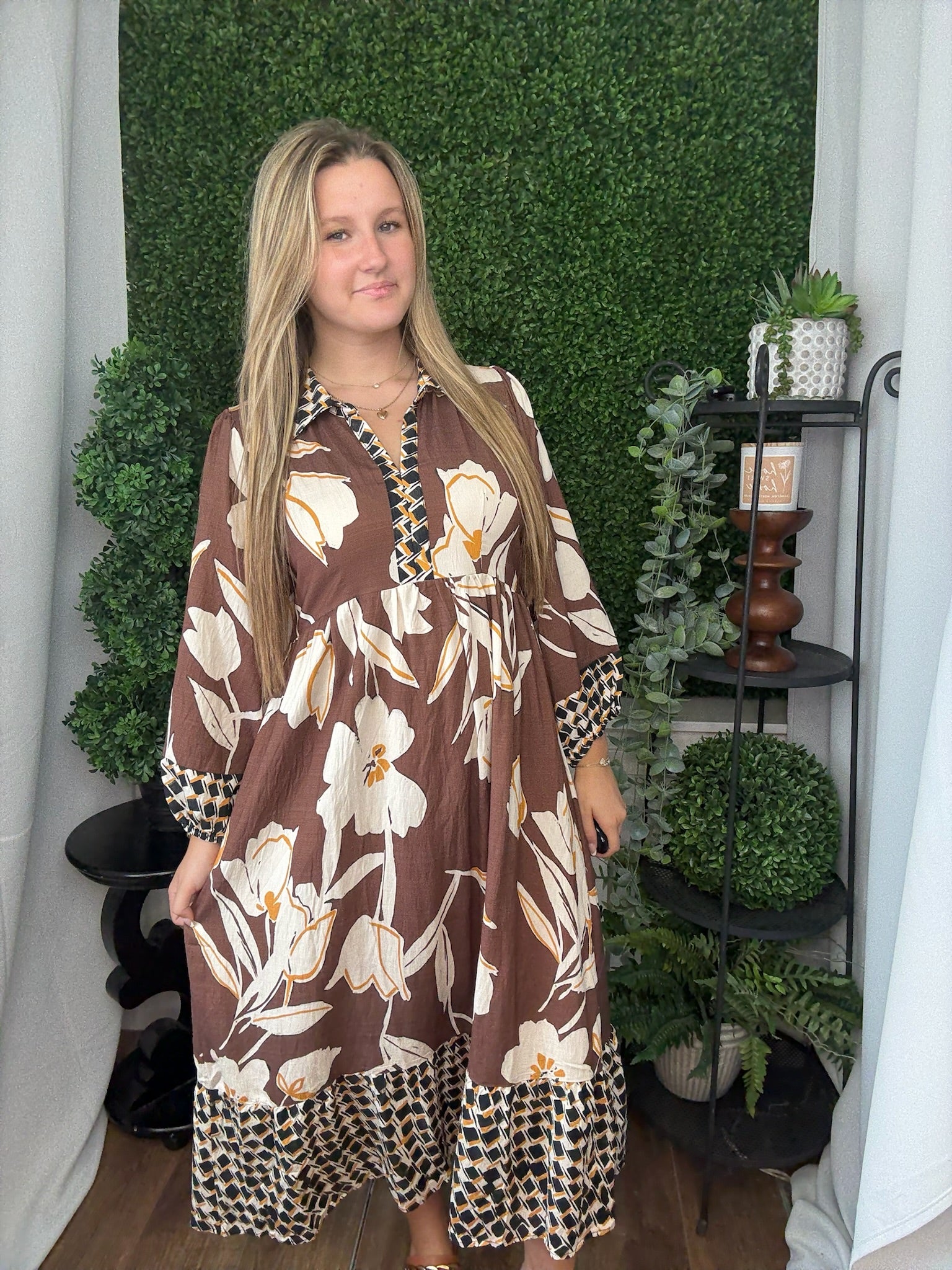 FLOWER BORDER PRINT COLLARED MIDI DRESS - BROWN MIX