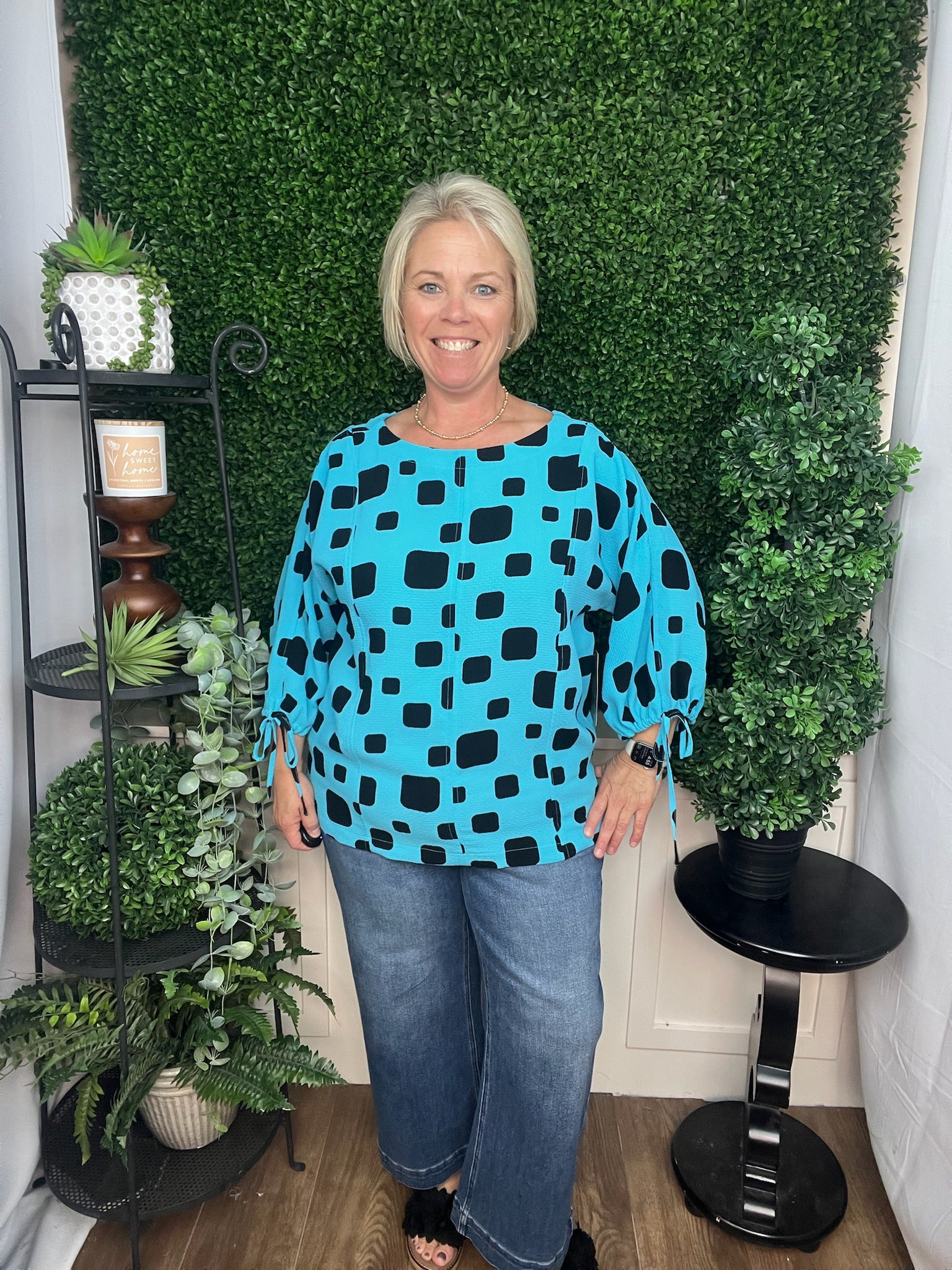 WOVEN POPOVER ROUND NECK 3/4 SLEEVES TOP - AQUA