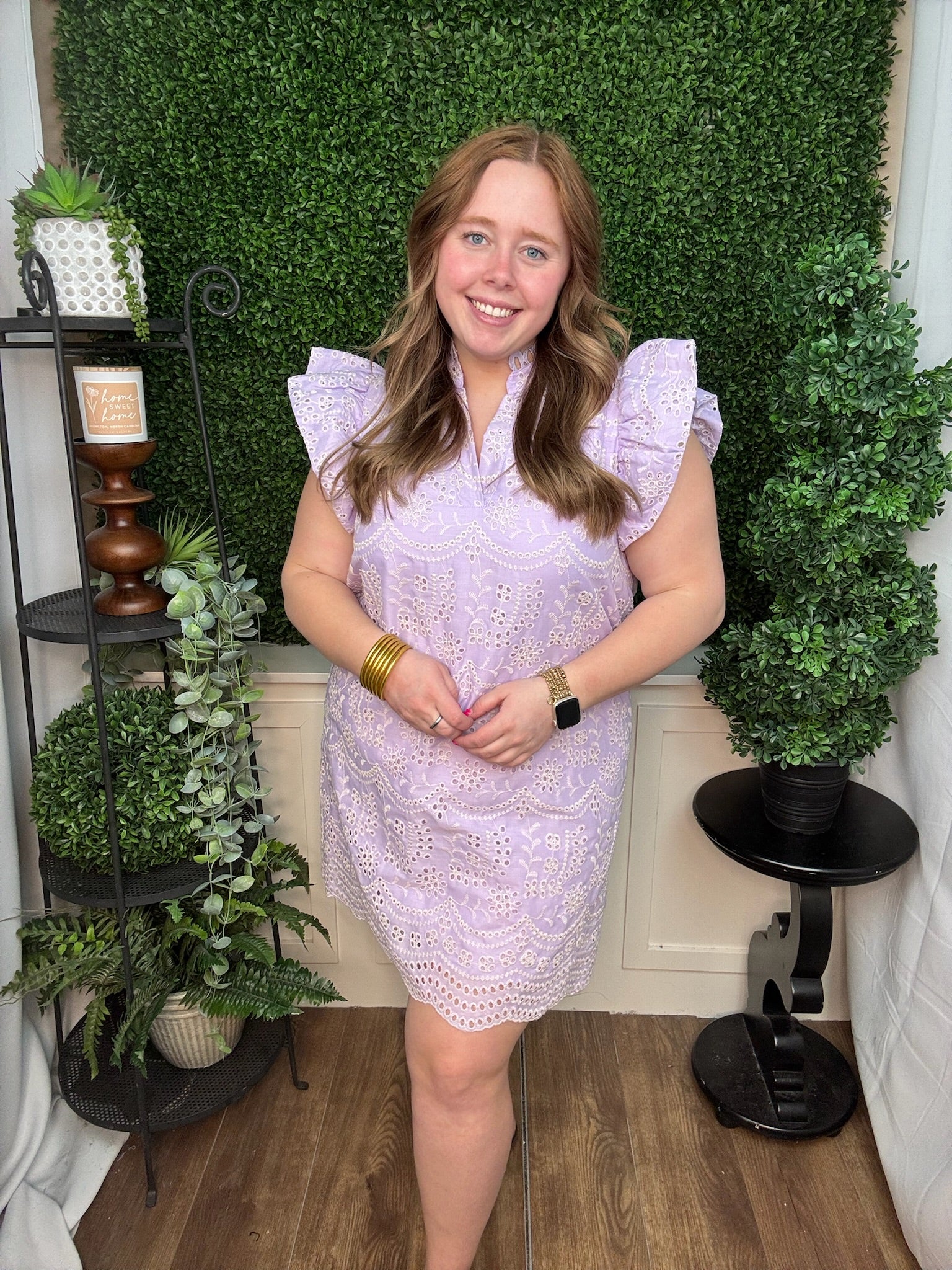 Lavender Eyelet Flutter Sleeve Shift Dress