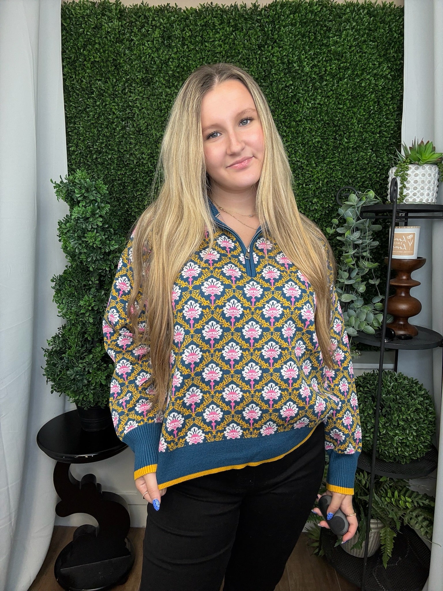 FLORAL MOCK NECK HALF ZIP PULLOVER - PEACOCK BLUE MULTI