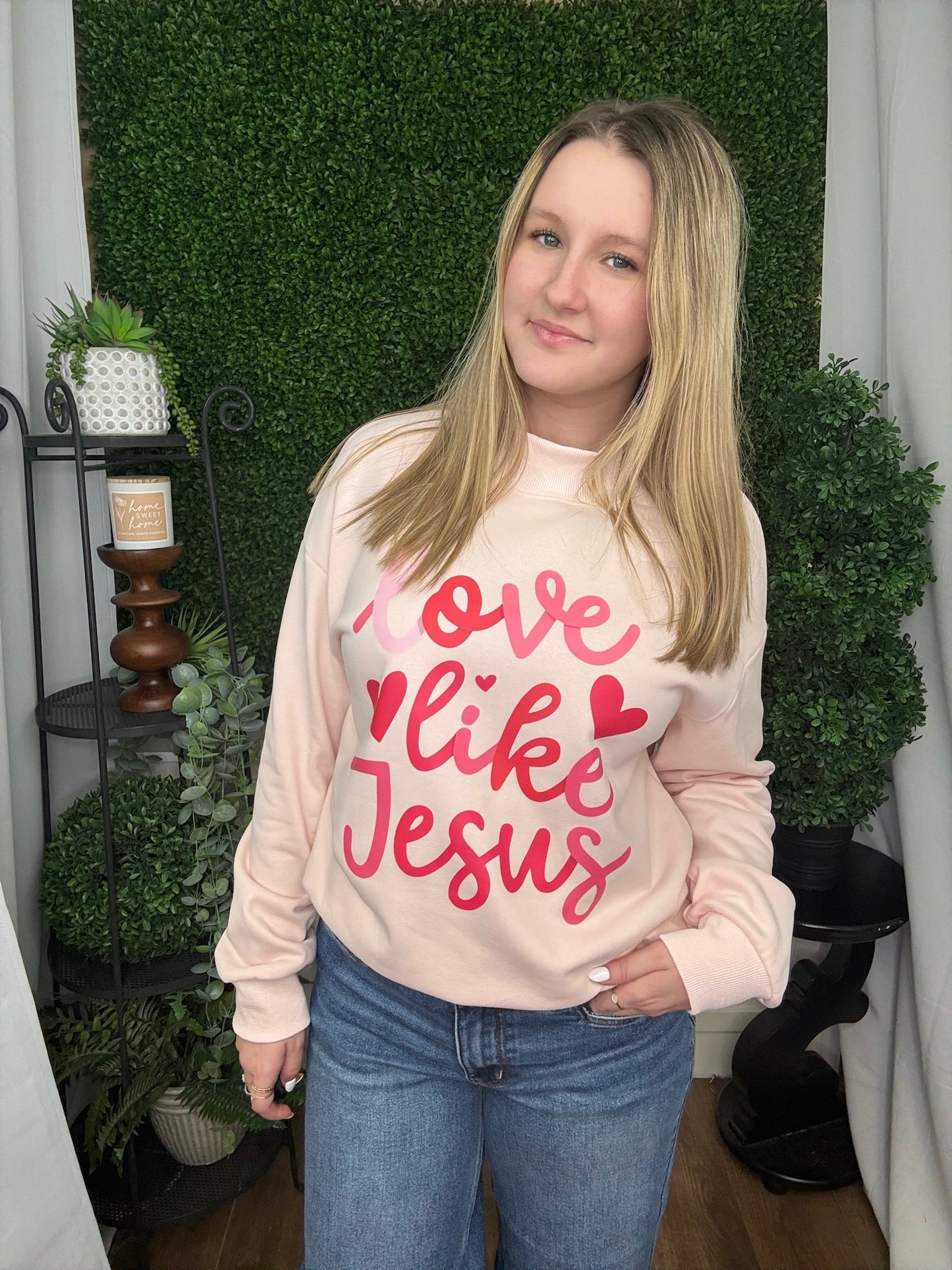 LOVE LIKE JESUS VALENTINES DAY MOCK NECK SWEATSHIRT - PINK