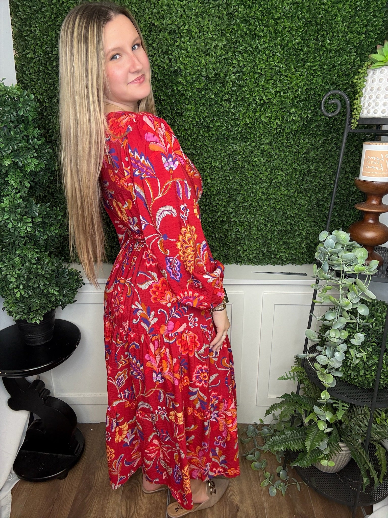 FLORAL PRINTED LS MIDI DRESS W/ELASTIC WAIST - RED