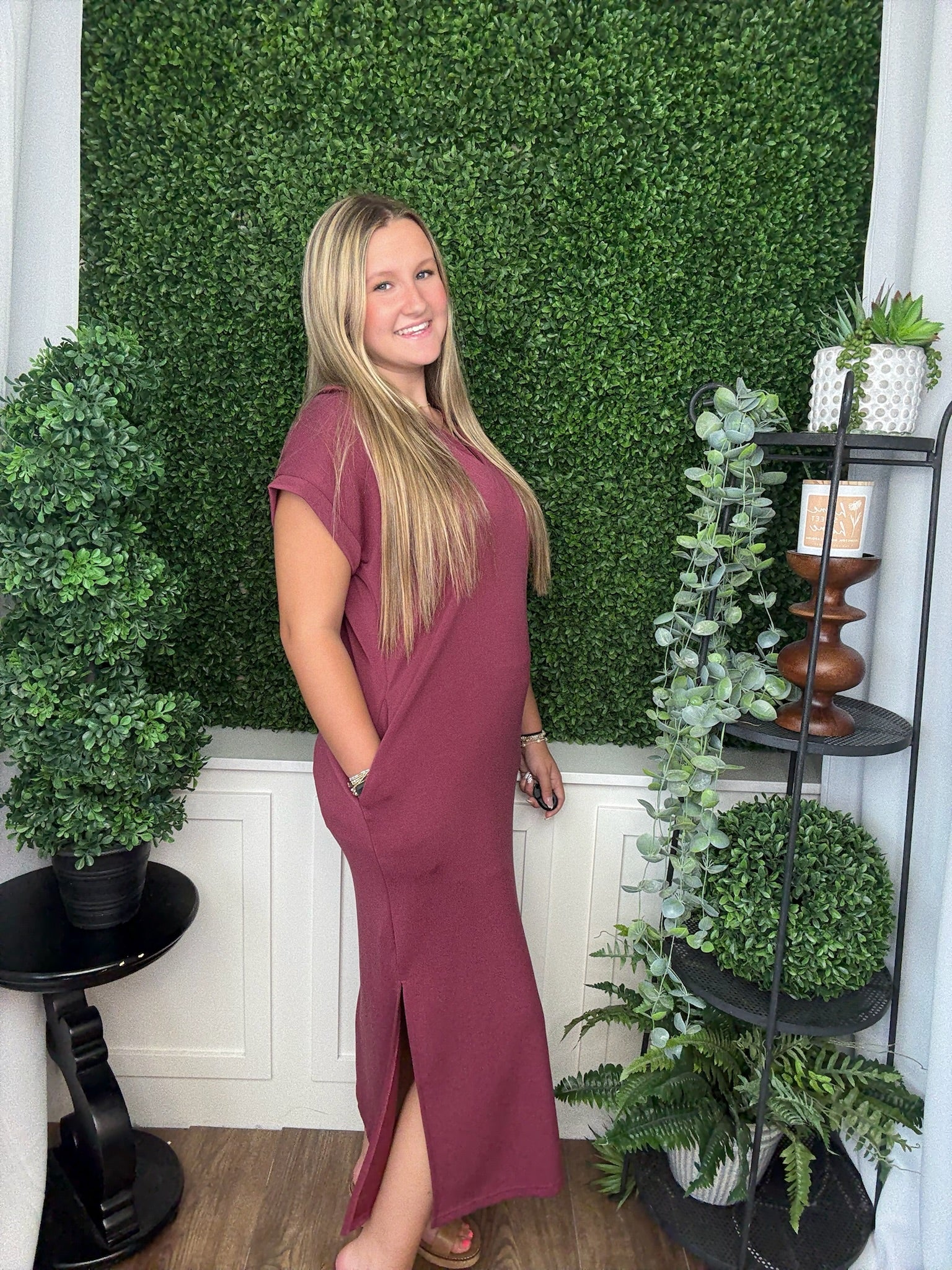 SOLID KNIT SPLIT COLLAR SHORT SLEEVE MIDI PULLOVER DRESS