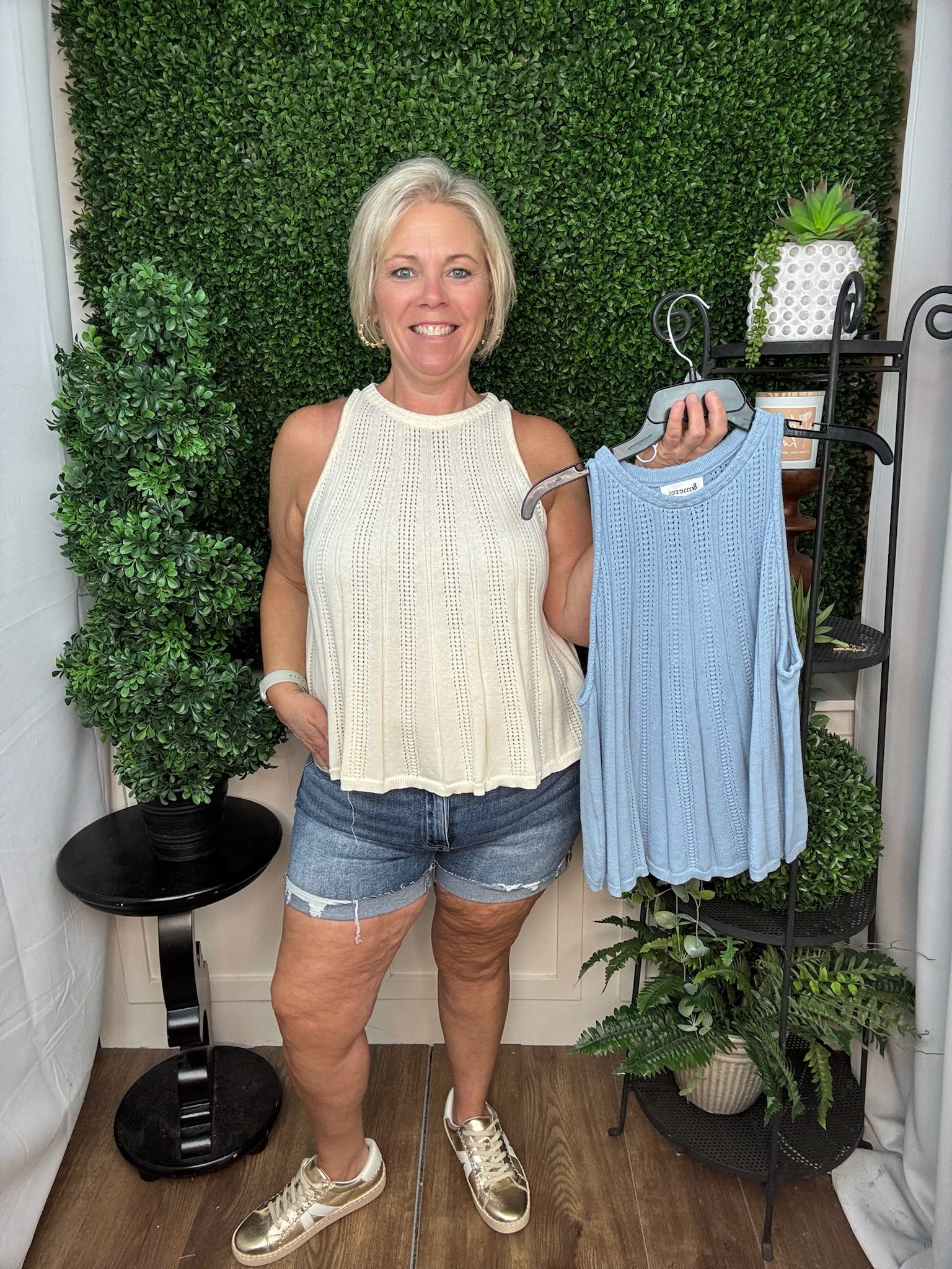 Blue Pointelle Knit Sleeveless Top