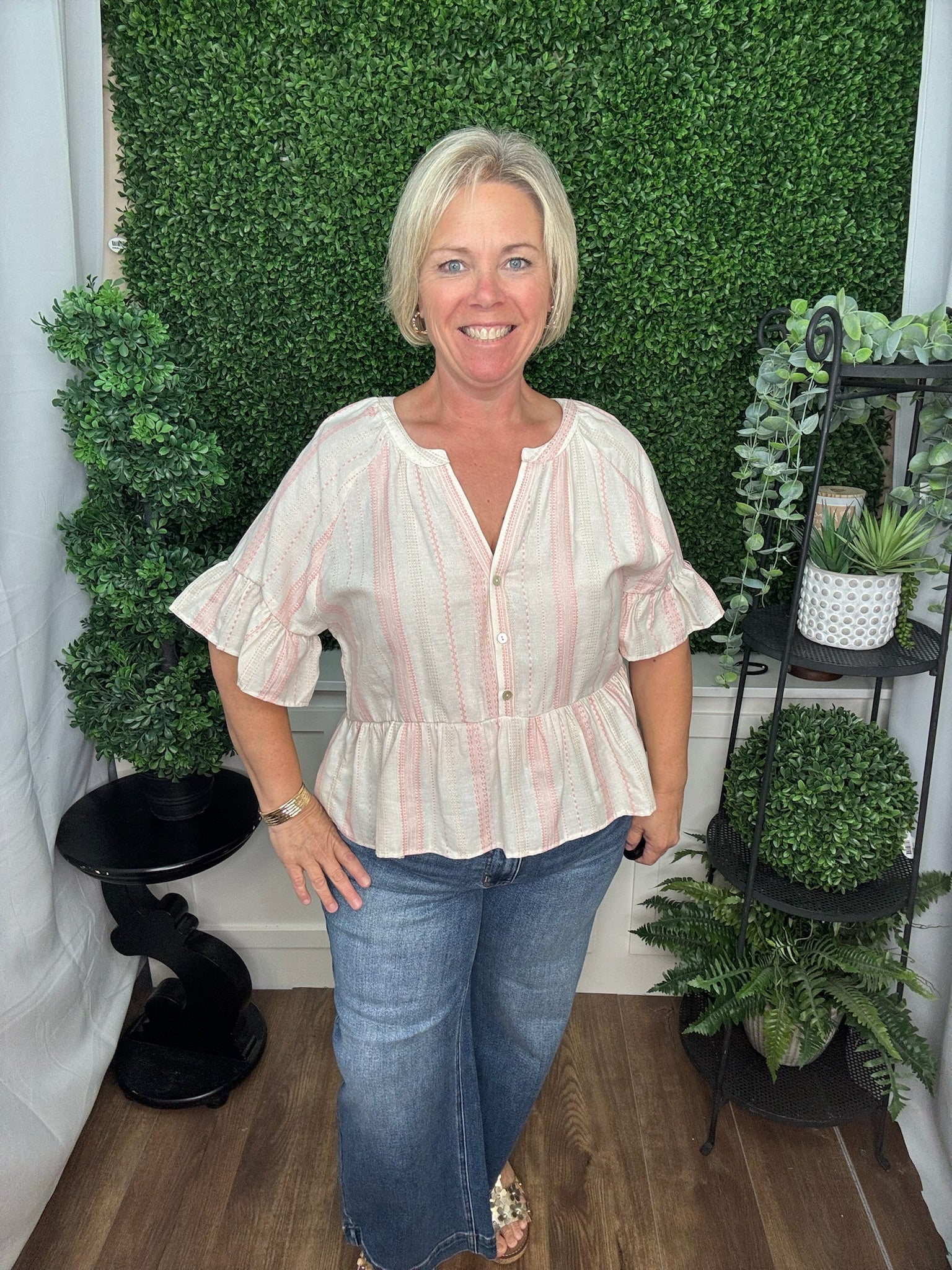Cream & Blush Stripe Tiered Peplum Top