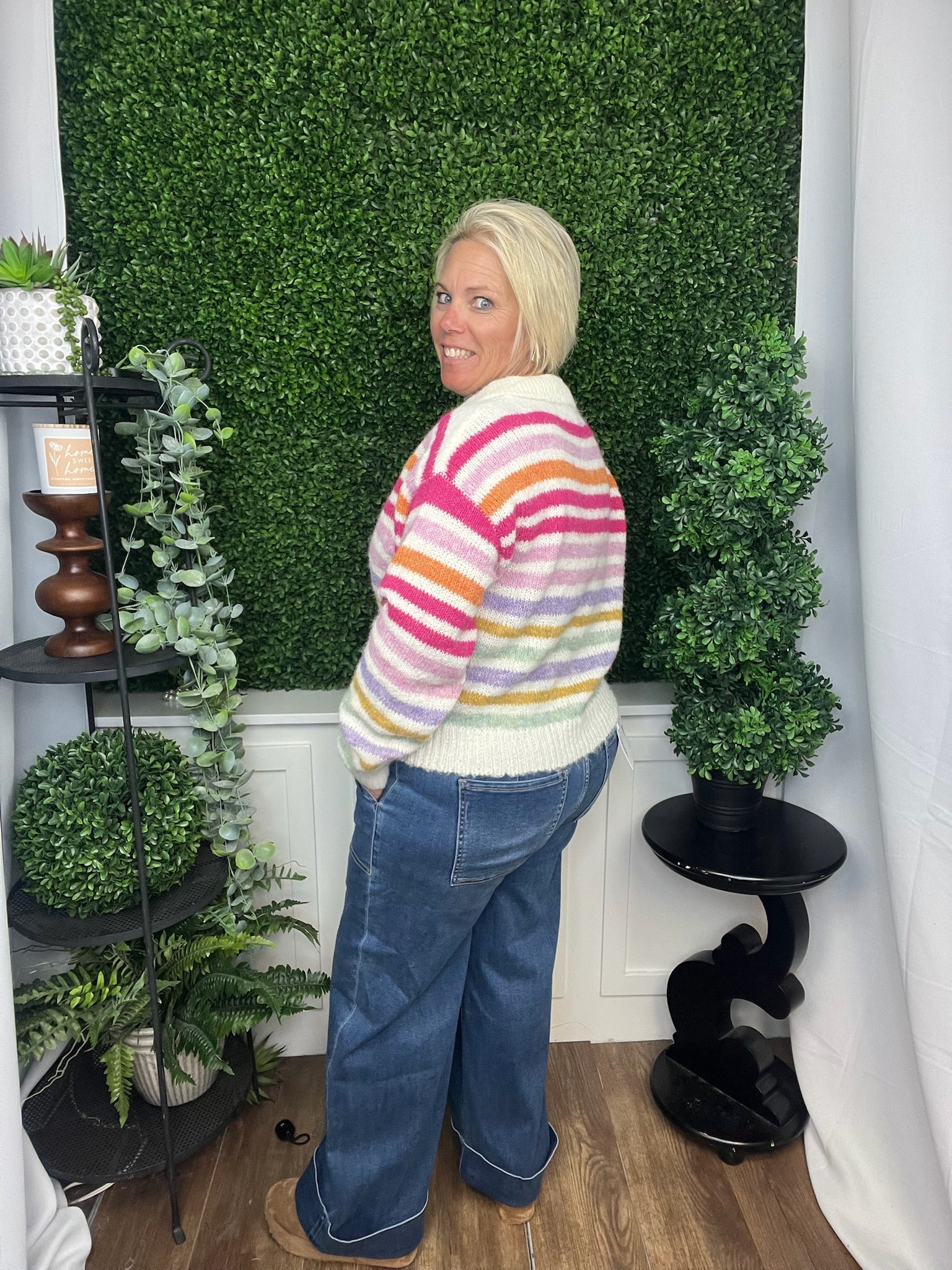 MULTI COLOR STRIPED SWEATER TOP - PINK/BLUSH MULTI