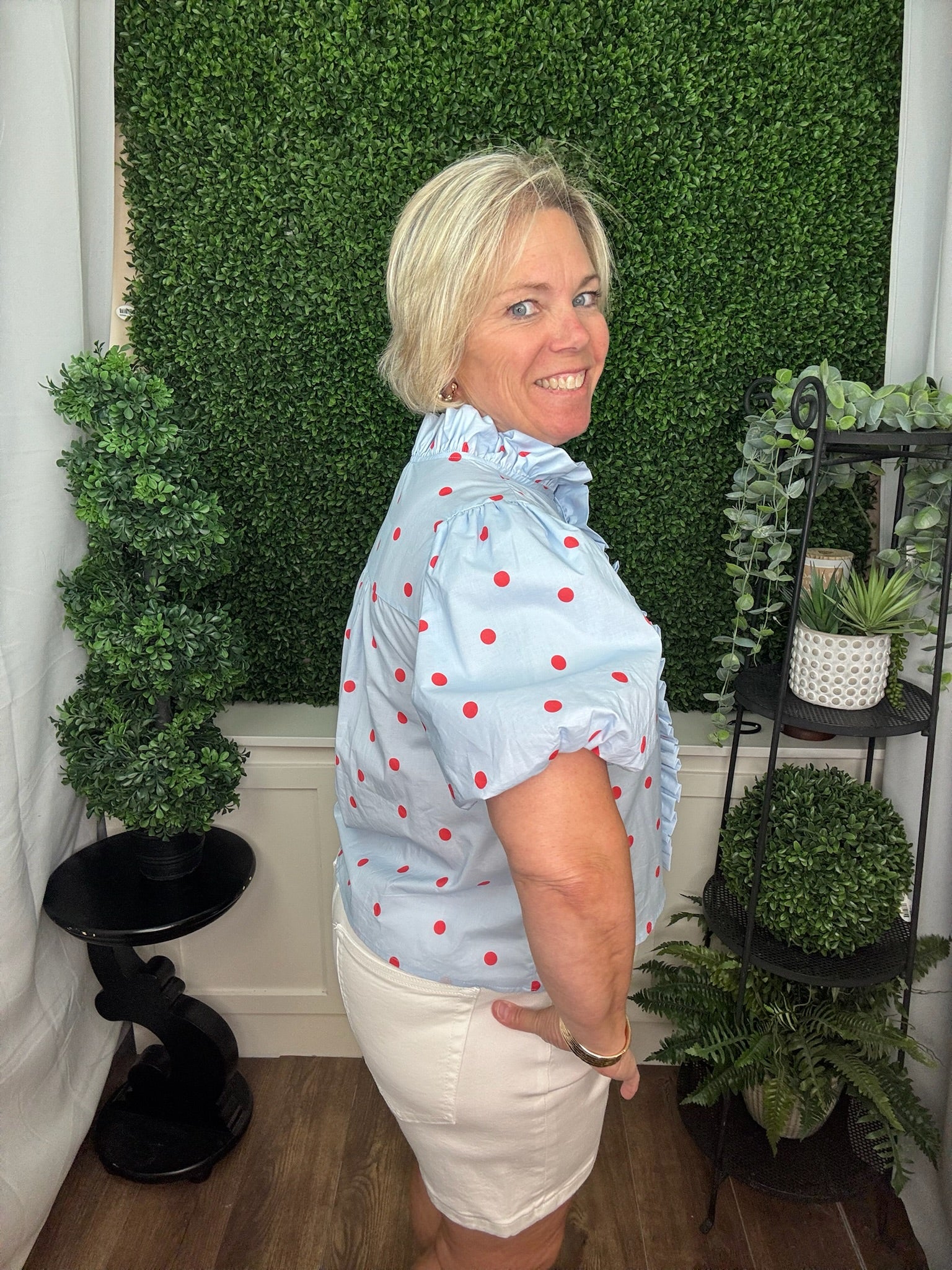 Polka Dot Ruffle Front Blouse