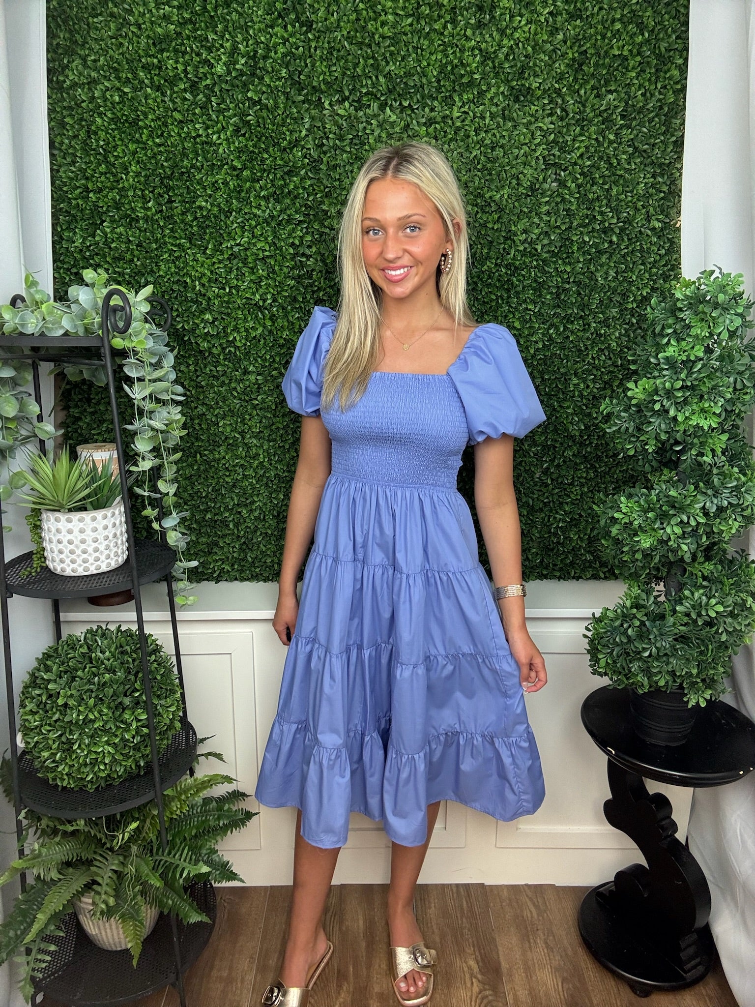 Periwinkle Smocked Puff Sleeve Midi Dress