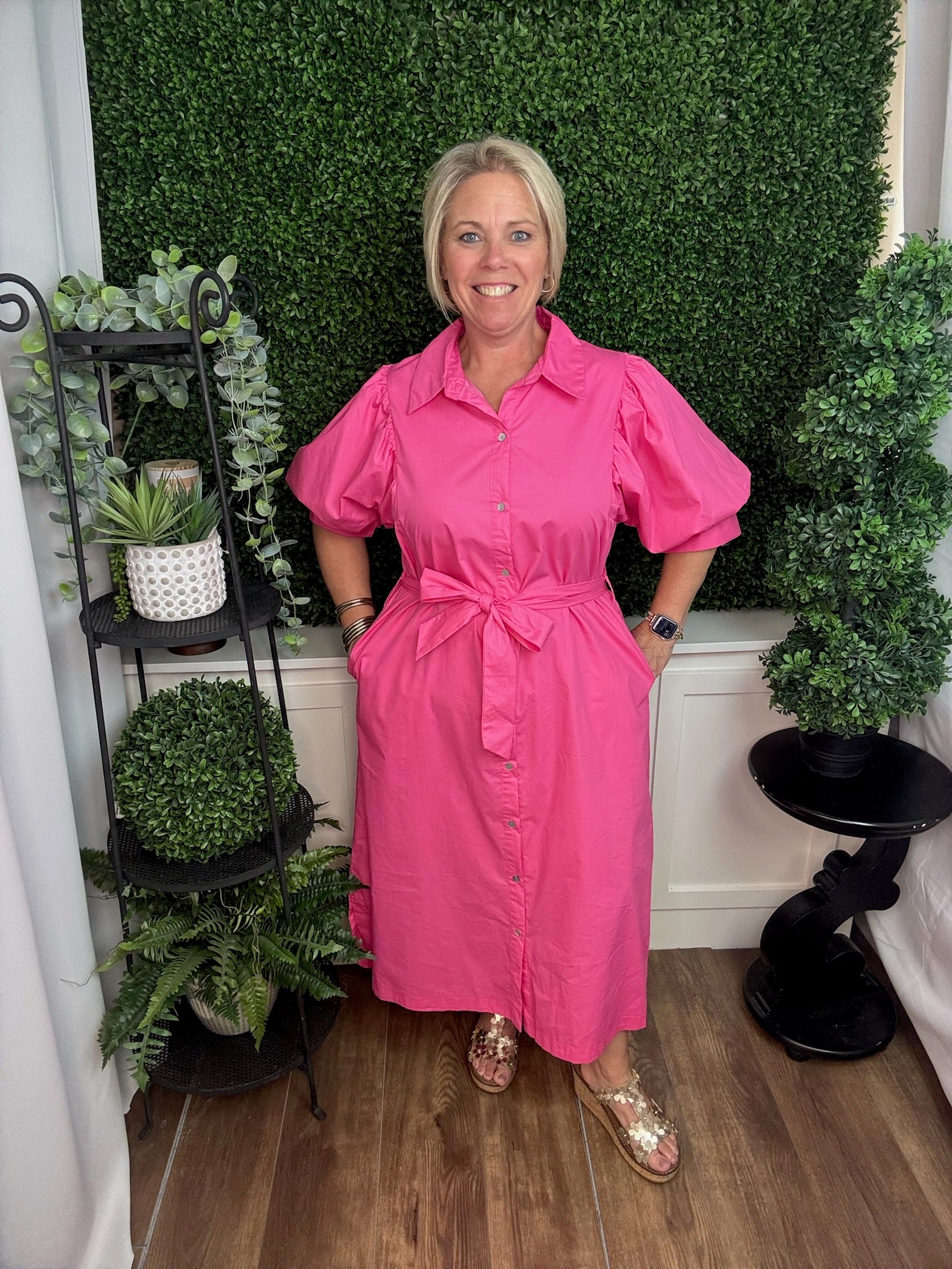 Button Front Midi Dress with Puff Sleeves and Tie Waist