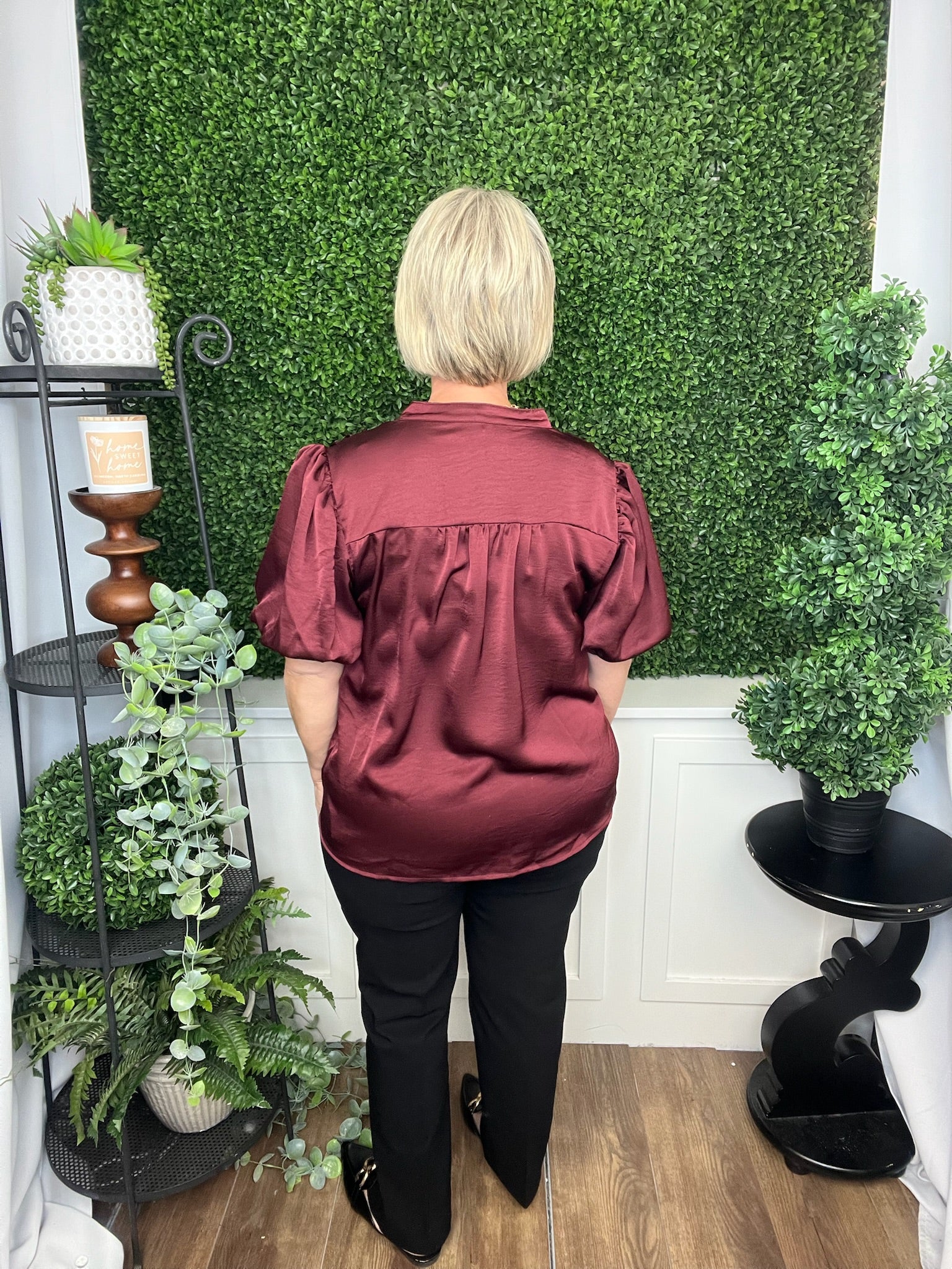 V-NECK PUFF SLV TOP - BURGUNDY