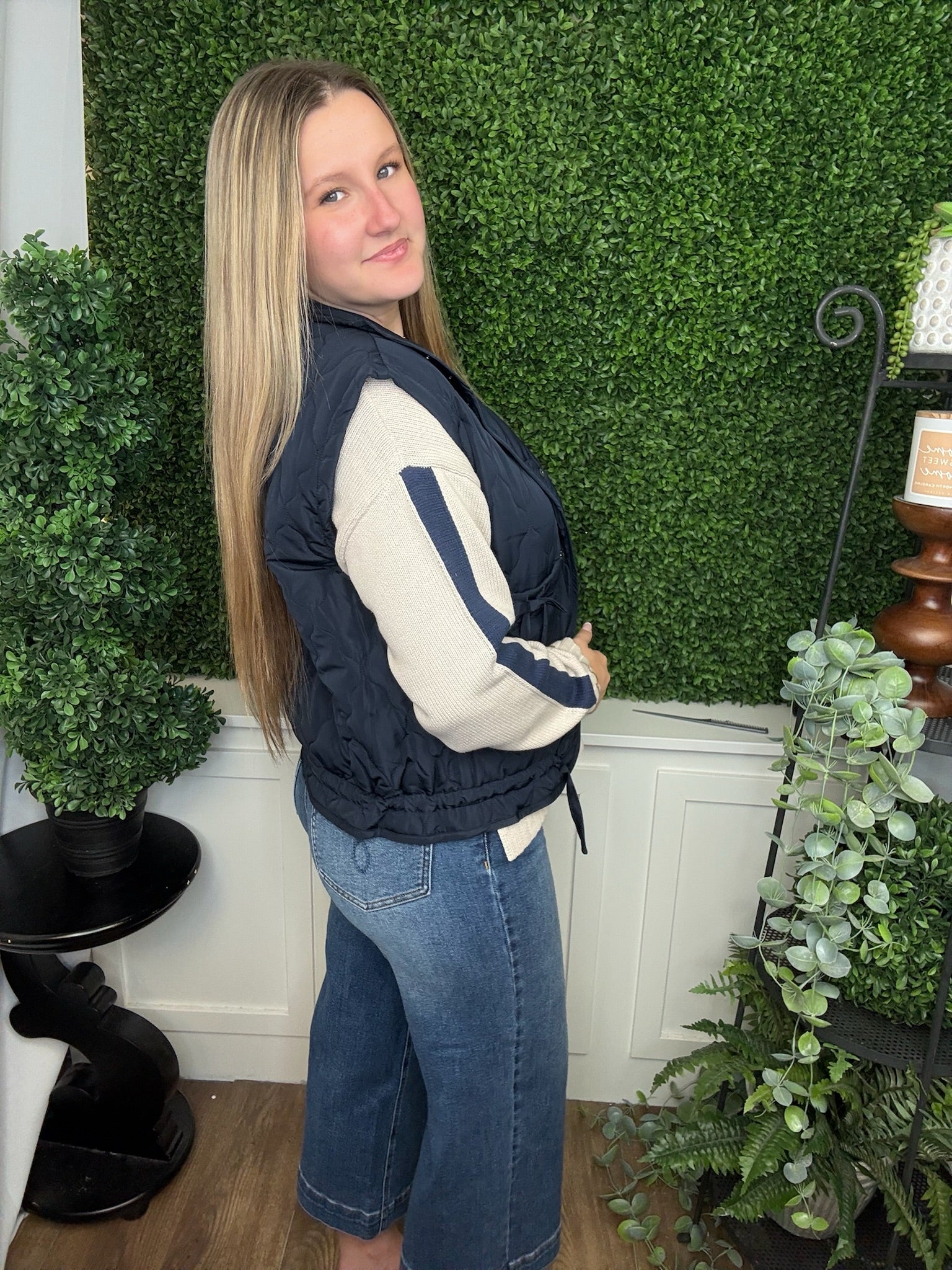 TIE DETAIL SNAP DOWN QUILTED PUFFER VEST