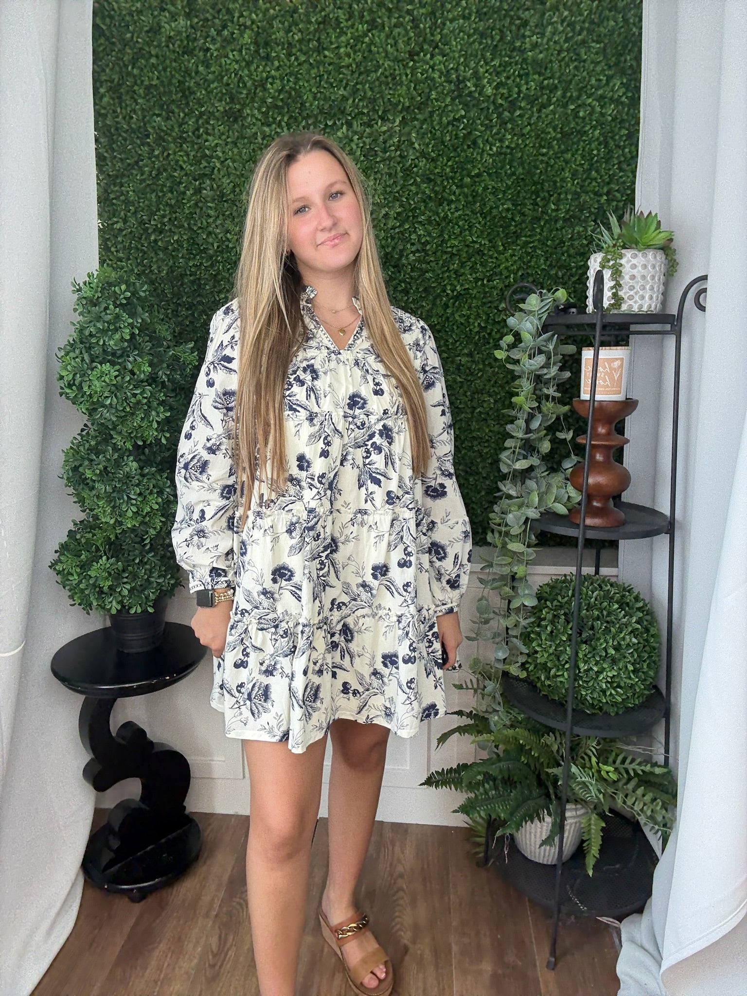 RUFFLE TIERED BABYDOLL MINI DRESS - IVORY/NAVY/FLORAL