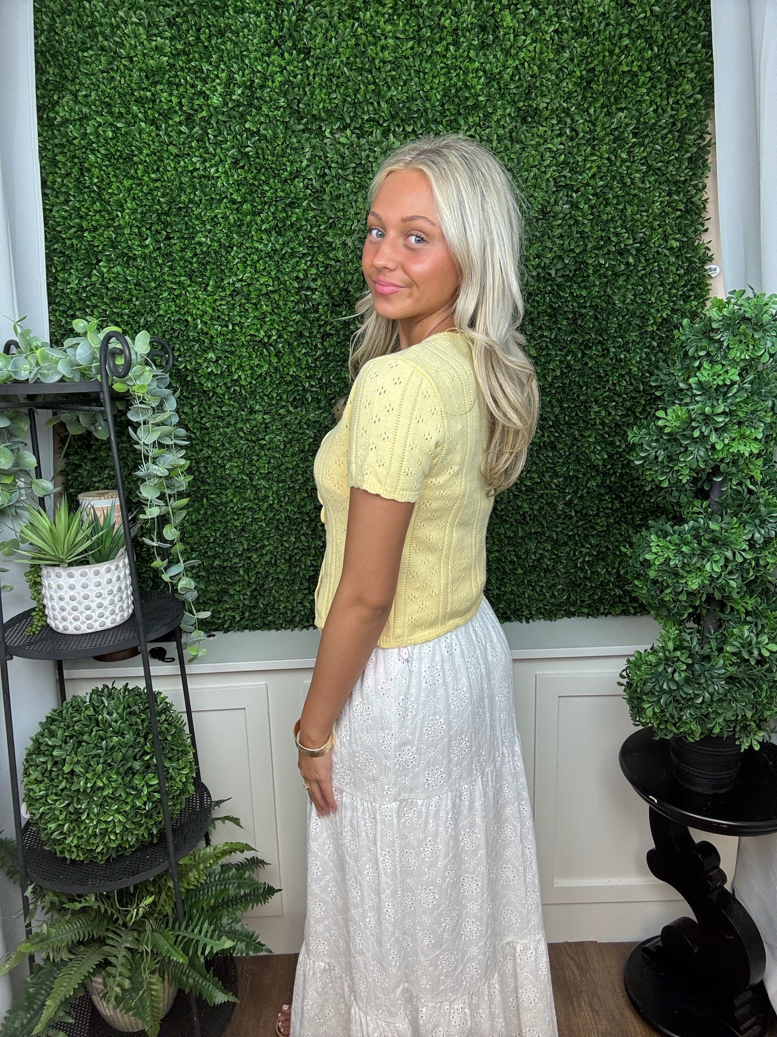 SCALLOPED TIE FRONT POINTELLE KNIT TOP