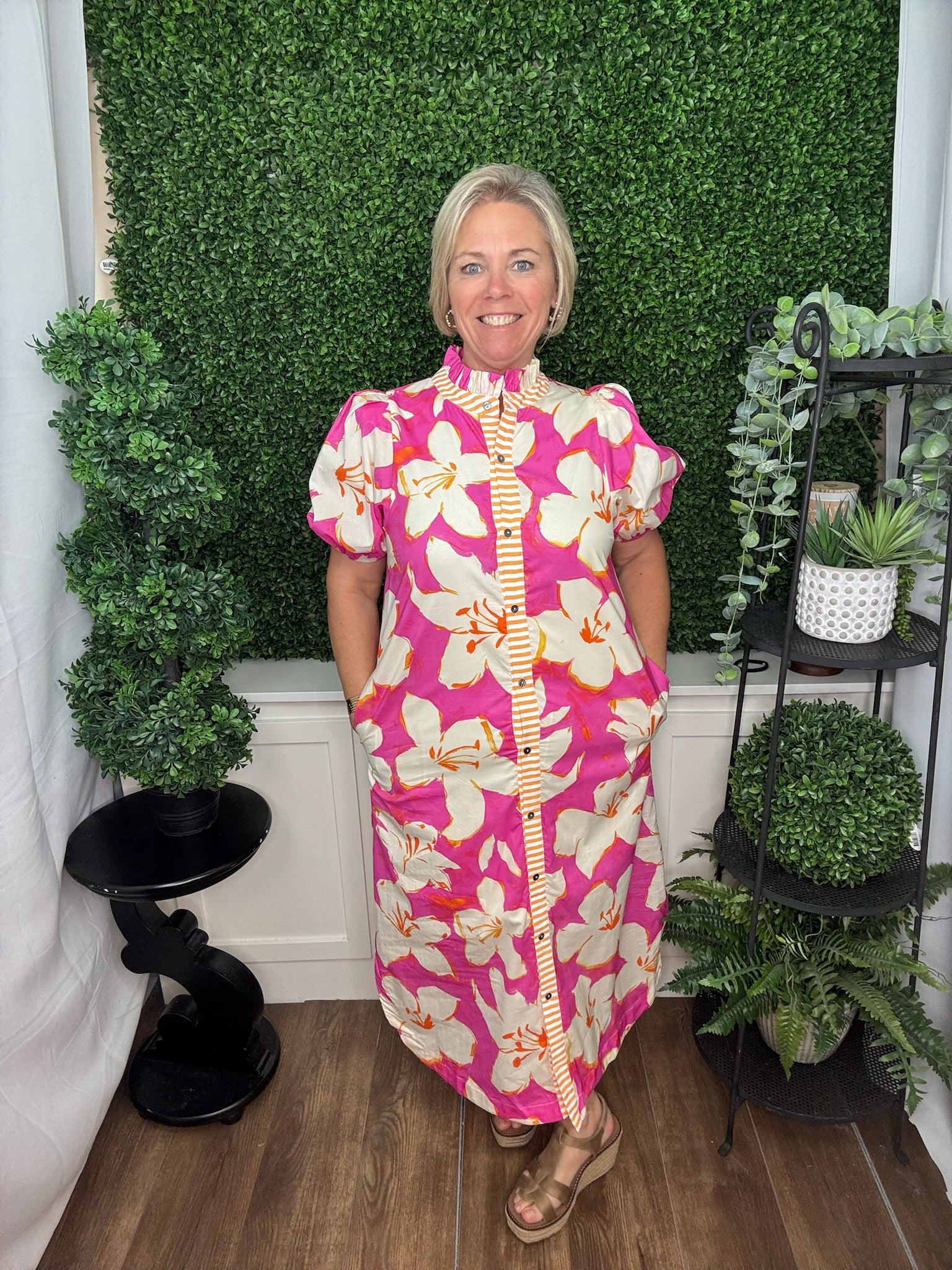 Tropical Bloom Puff Sleeve Shirt Dress