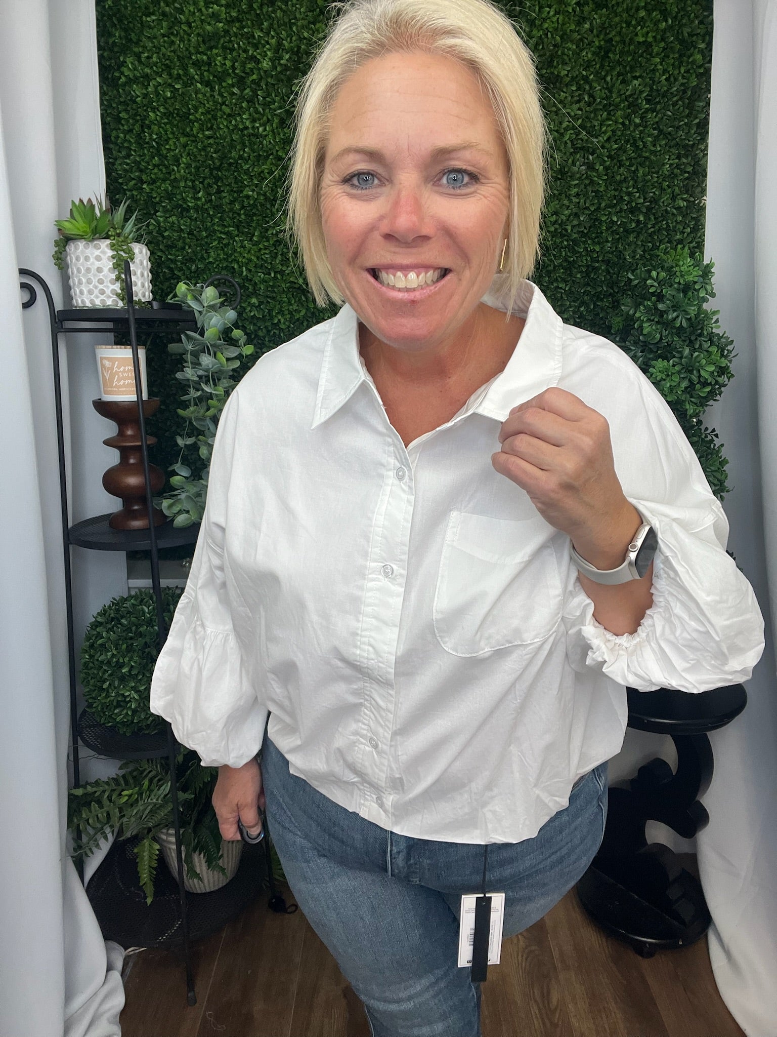 BUTTON DOWN BUBBLE SLV TOP - OFF WHITE