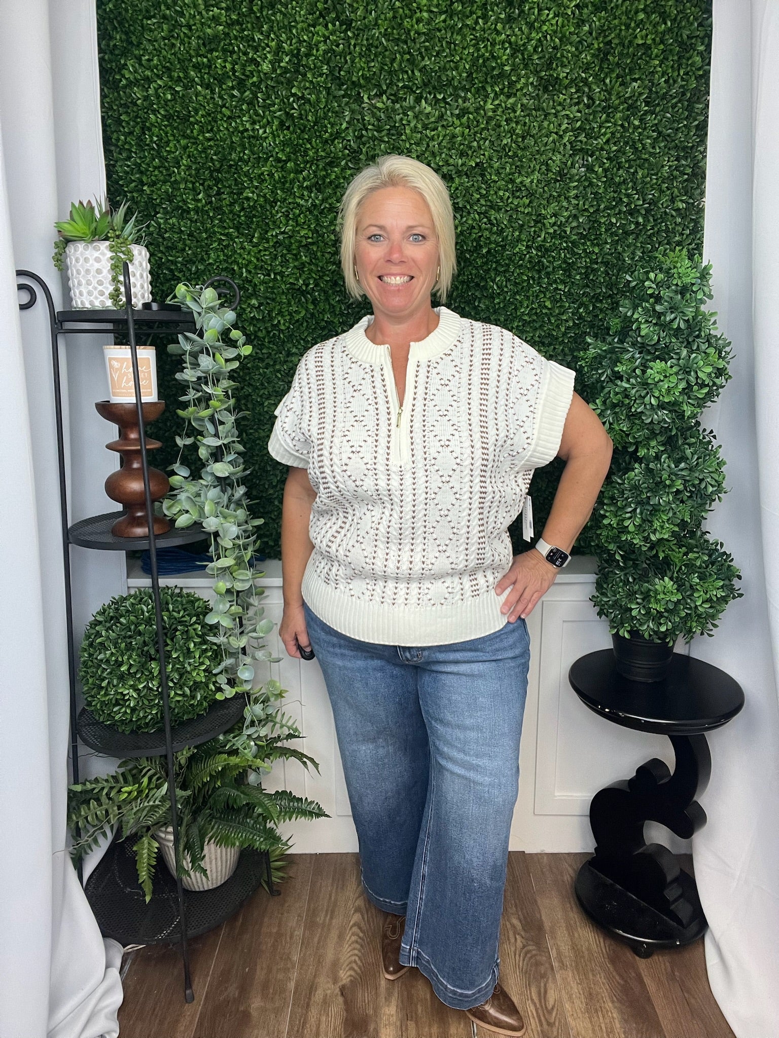 CAP SLEEVE DOLMAN 1/2 ZIP SWEATER - CREAM/CAMEL